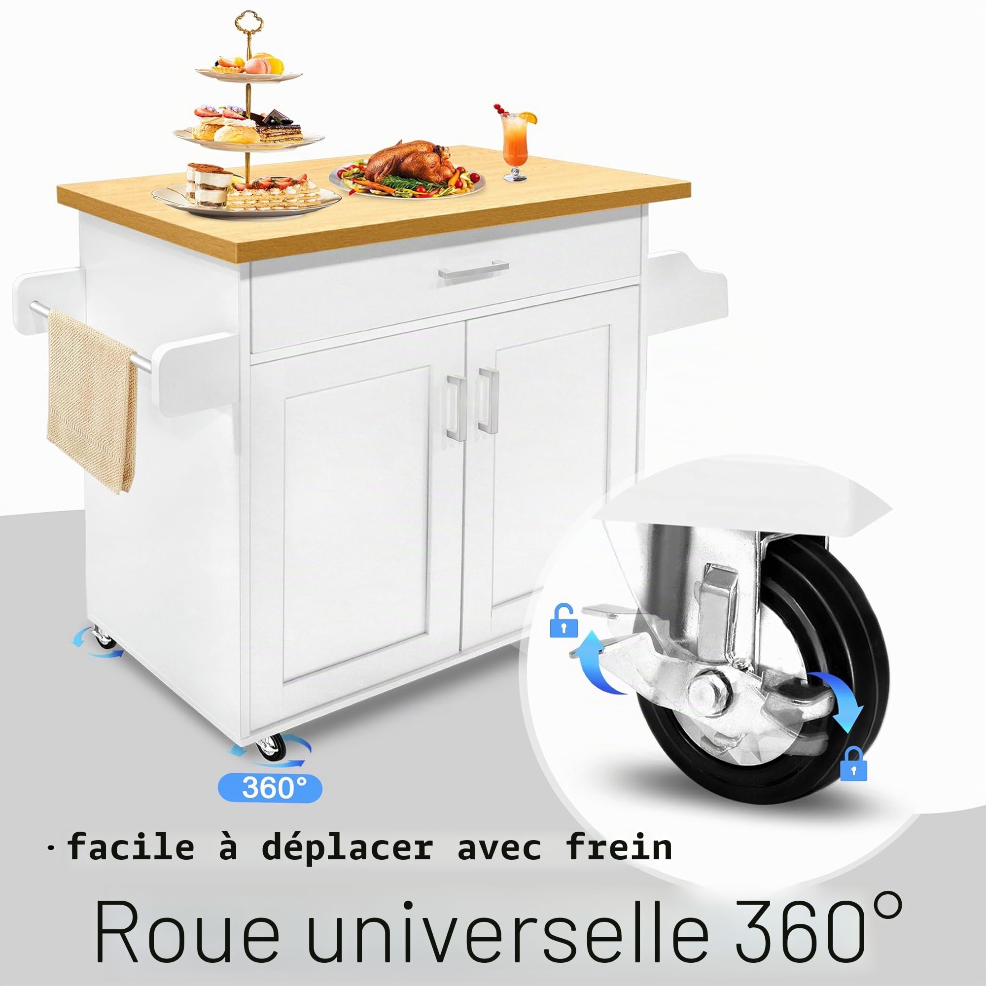 NAIZY Armoire de cuisine avec plan de travail, roulettes et tiroirs - Chariot de cuisine verrouillable - 115 x 36 x 90 cm