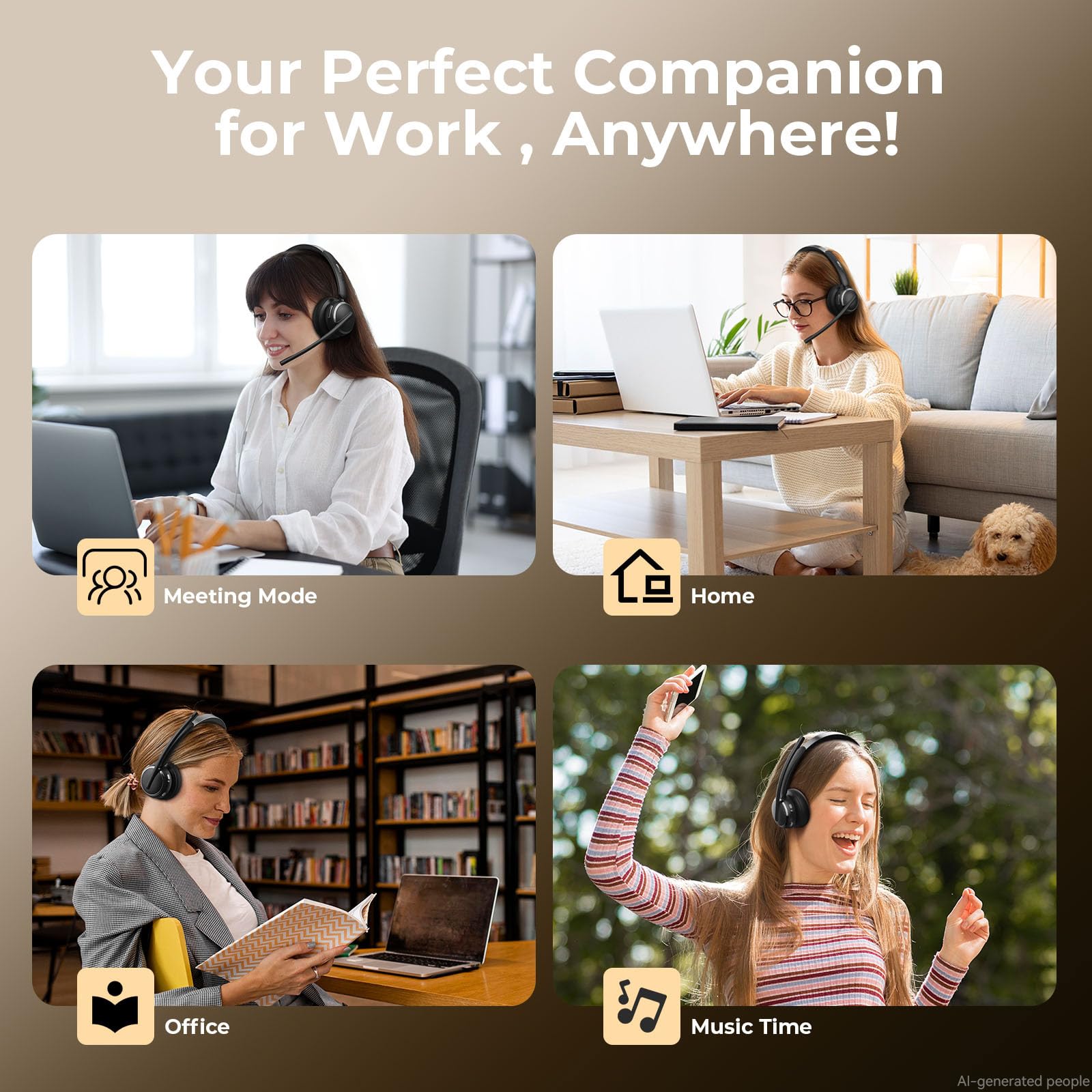 Cuffie wireless con microfono per lavoro, cuffie Bluetooth 6.0 con microfono per PC, microfono con cancellazione del rumore AI 65H, portata 18,3 m, dongle USB e base di ricarica, cuffie on-ear per