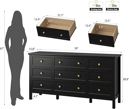 Miniatura 8 de LYNSOM Cómoda negra para dormitorio, cómoda de 7 cajones con asas de metal, cómoda de madera moderna para sala de estar, entrada y pasillo