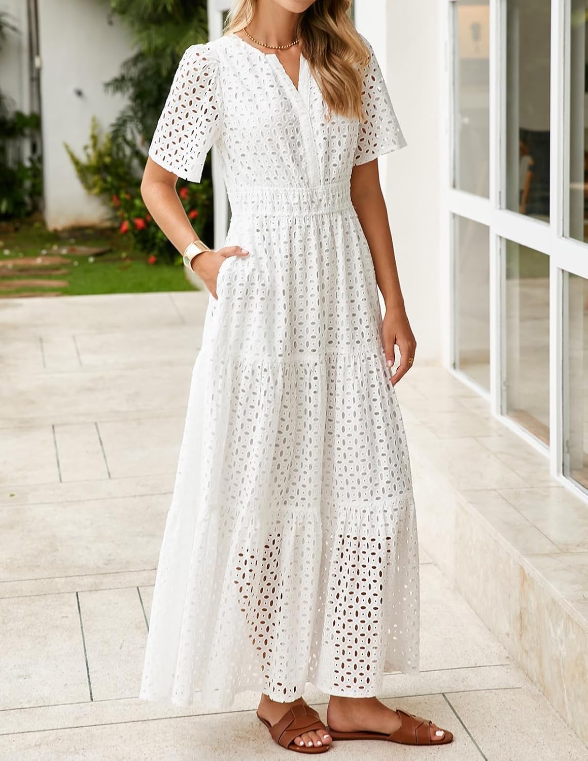 ZESICA Women's 2026 Summer Short Sleeve Maxi Dress Casual V Neck Hollow Out Eyelet Ruffle Swing A Line Long Dresses - Image 7