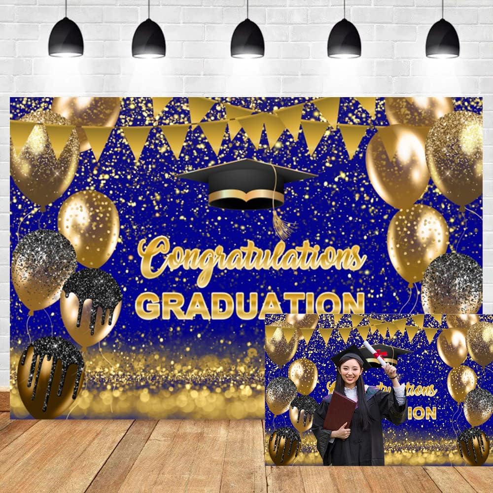 OERJU Graduation Backdrop Class of 2026 Congrats Grad Backdrop Banner Royal Blue and Gold Glitter Bachelor Cap Balloon Congratulations Graduation Party Decoration Photo Studio Background 10x7ft
