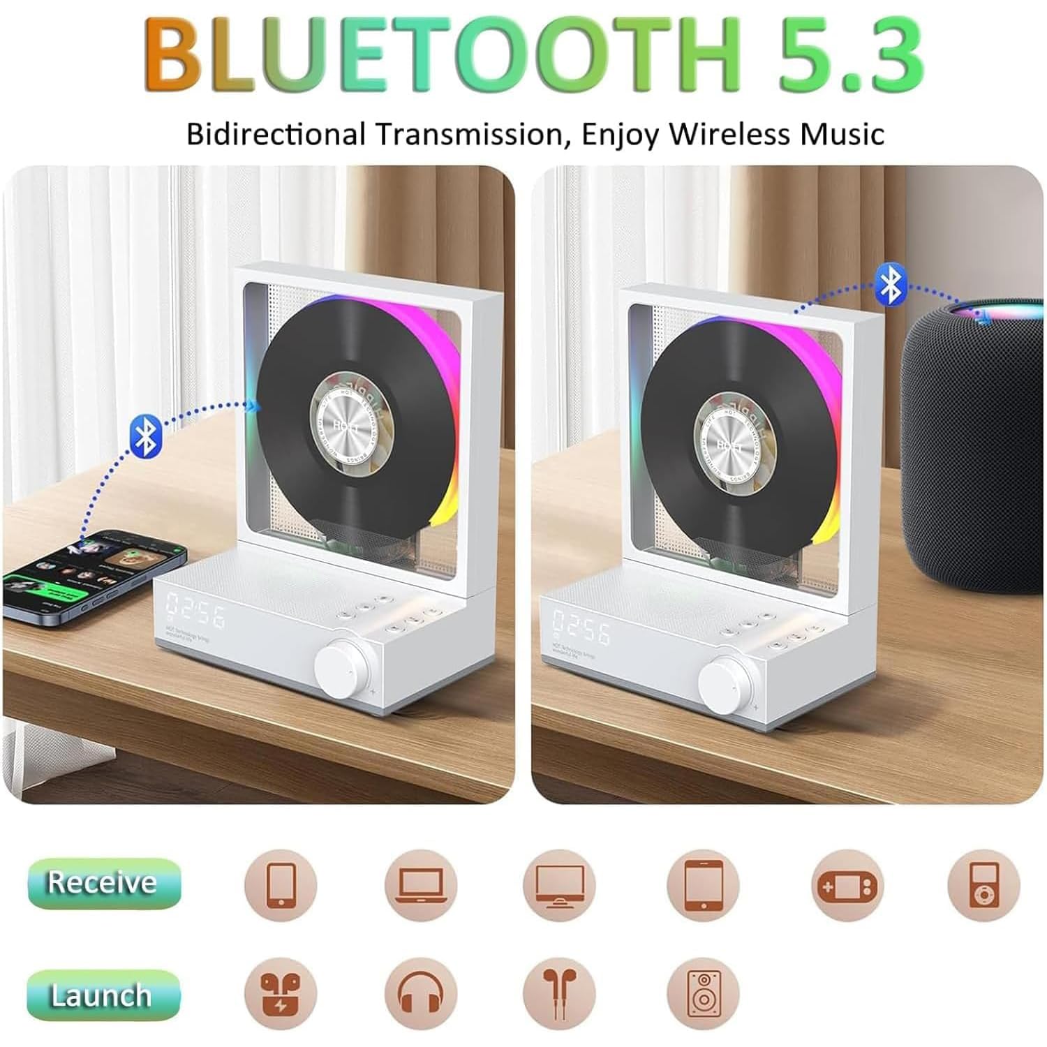 Lettore CD portatile con Bluetooth 5.3, altoparlanti HiFi, luci RGB, telecomando, supporta MP3 WMA WAV AAC APE FLAC per uso domestico