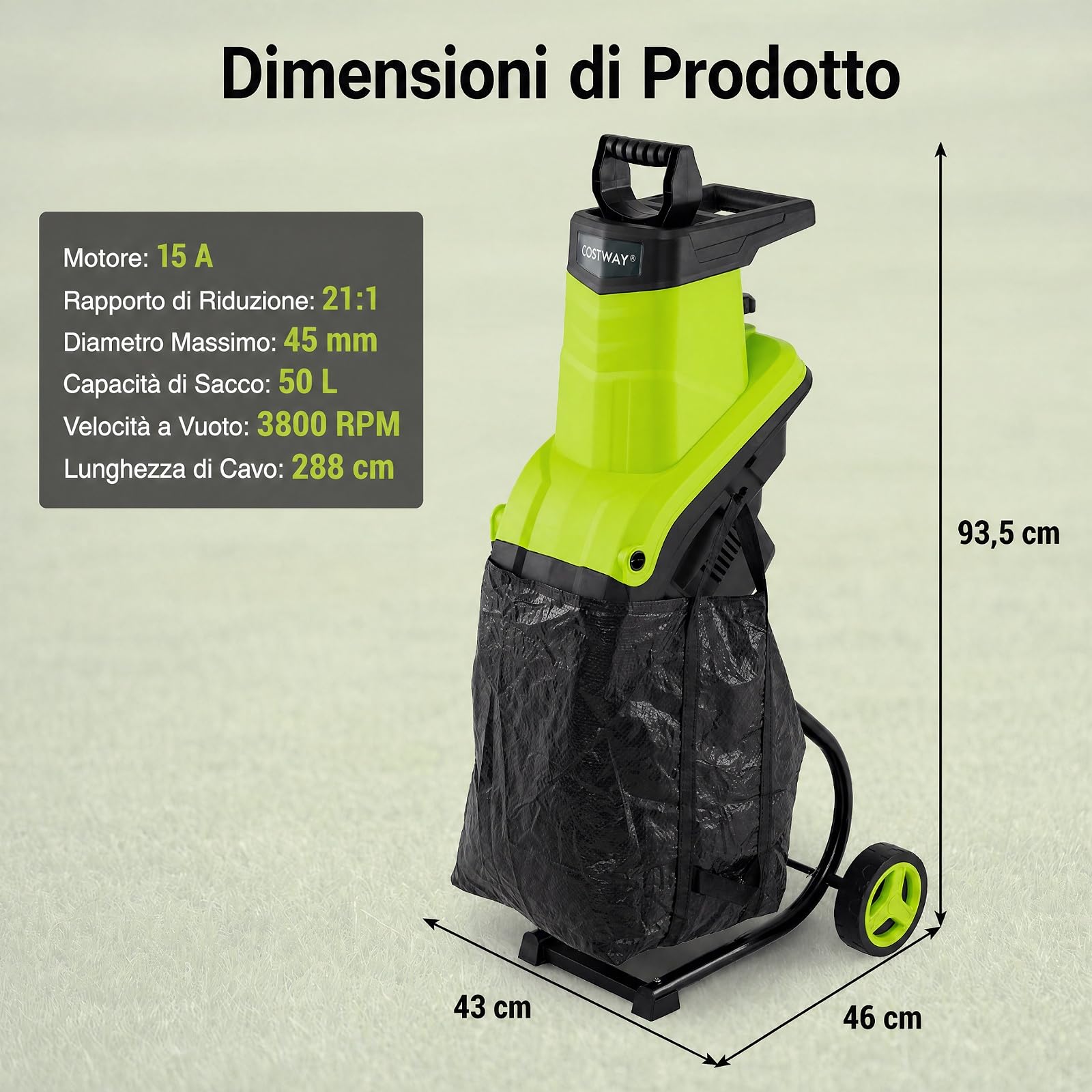 COSTWAY Biotrituratore Elettrico 2500 W, Cippatore Trita Legno (Verde) | Trinciatrice da Giardino a Rullo per Rami e Arbusti 45 mm con Sacco 50 L, Lame a Doppio Taglio, Pala Spingirami e Maniglia
