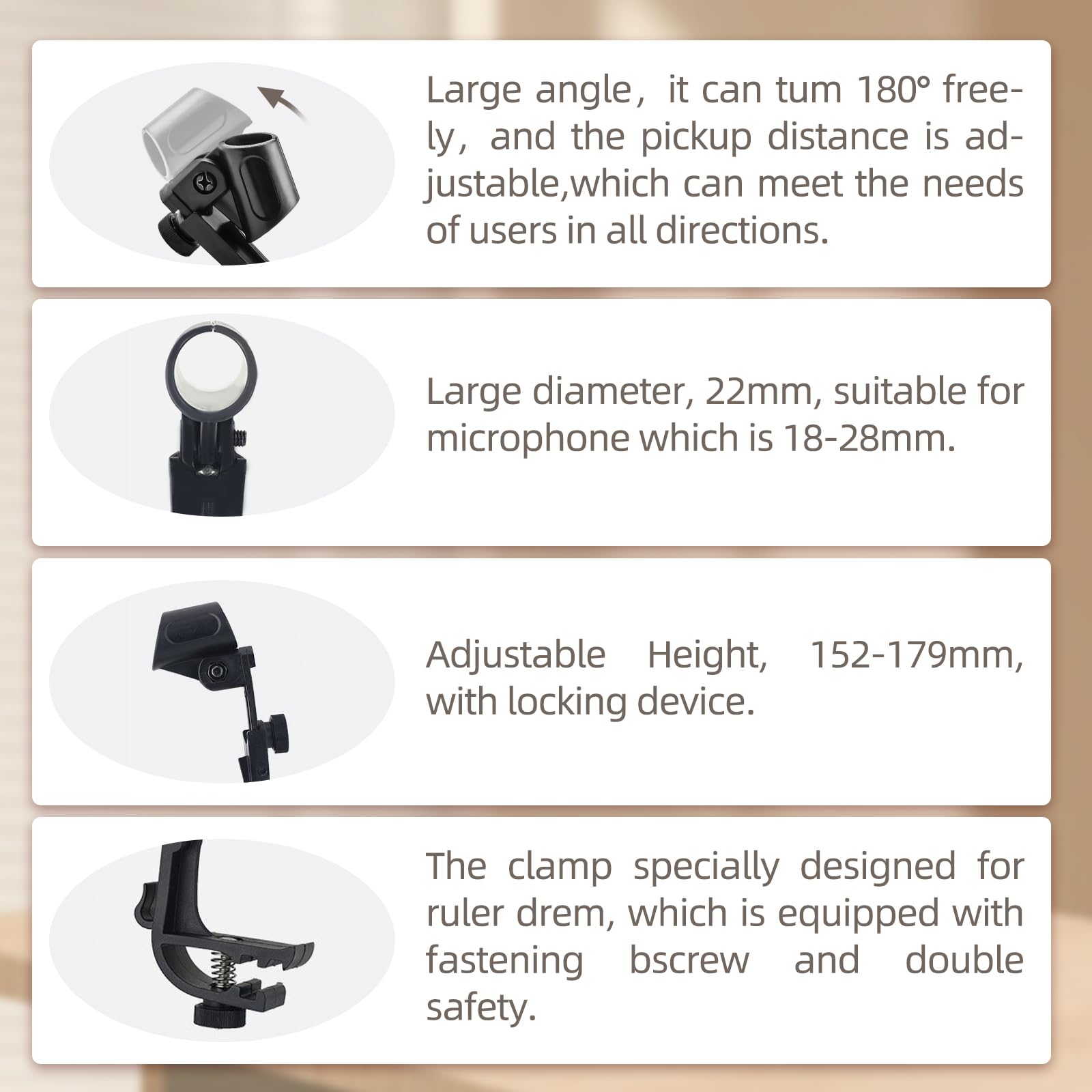4 clip per microfono a tamburo regolabile, antiurto, supporto per microfono universale, per microfono da 18 – 28 mm, clip per microfono antiurto