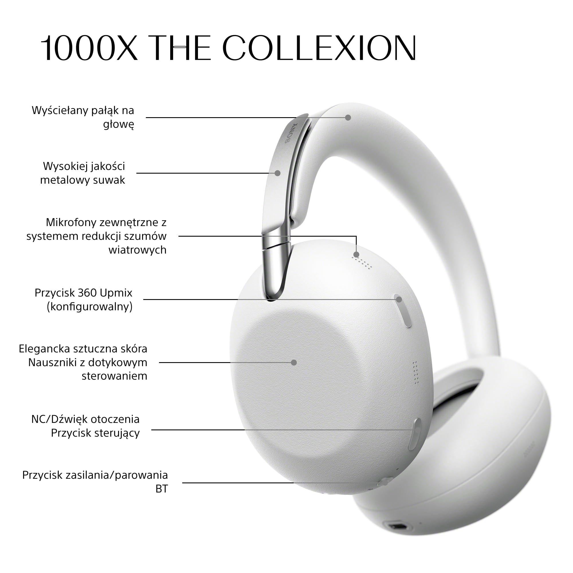 SONY 1000X THE COLLEXION Luksusowe bezprzewodowe słuchawki nauszne Bluetooth, dźwięk Hi-Res, aktywna redukcja hałasu Premium NC, 360 Spatial Audio, etui, iOS & Android, platynowo-białe, nowy model