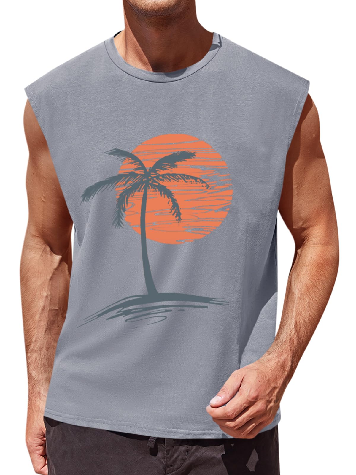Runcati Mens Sleeveless Tank Tops Workout Gym Muscle Shirts Palm Tree Vintage Hawaiian Summer Beach T Shirts