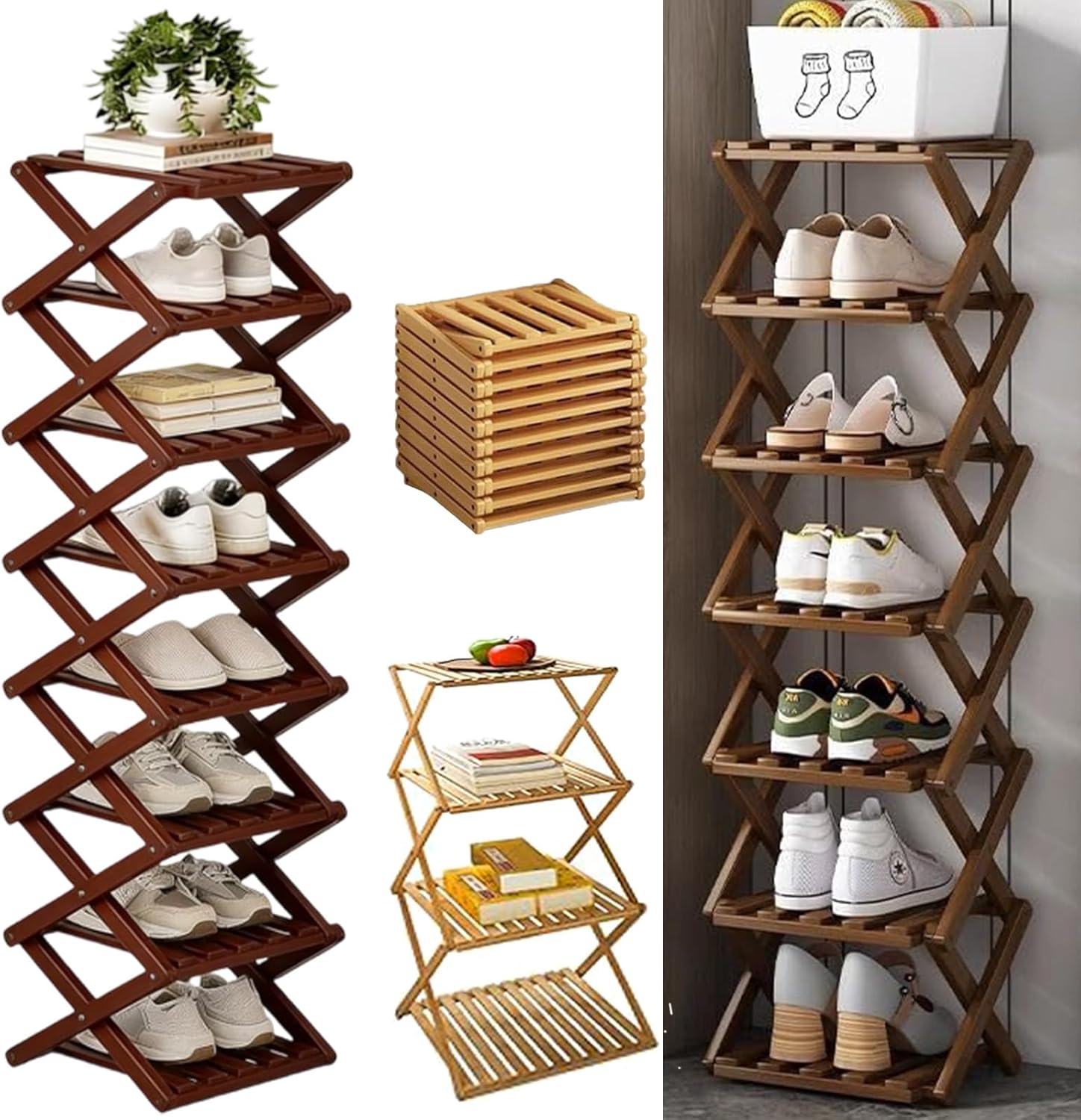 The 9-Tier No-Assembly Bamboo Shoe Rack, 2026 New Foldable 6/7/8/9 Tier Corner Shoe Rack Vertical, Space-Saving Organizer for Shoes, Narrow Shoe Shelf for Entryway, Closet, Bedroom, Hallway