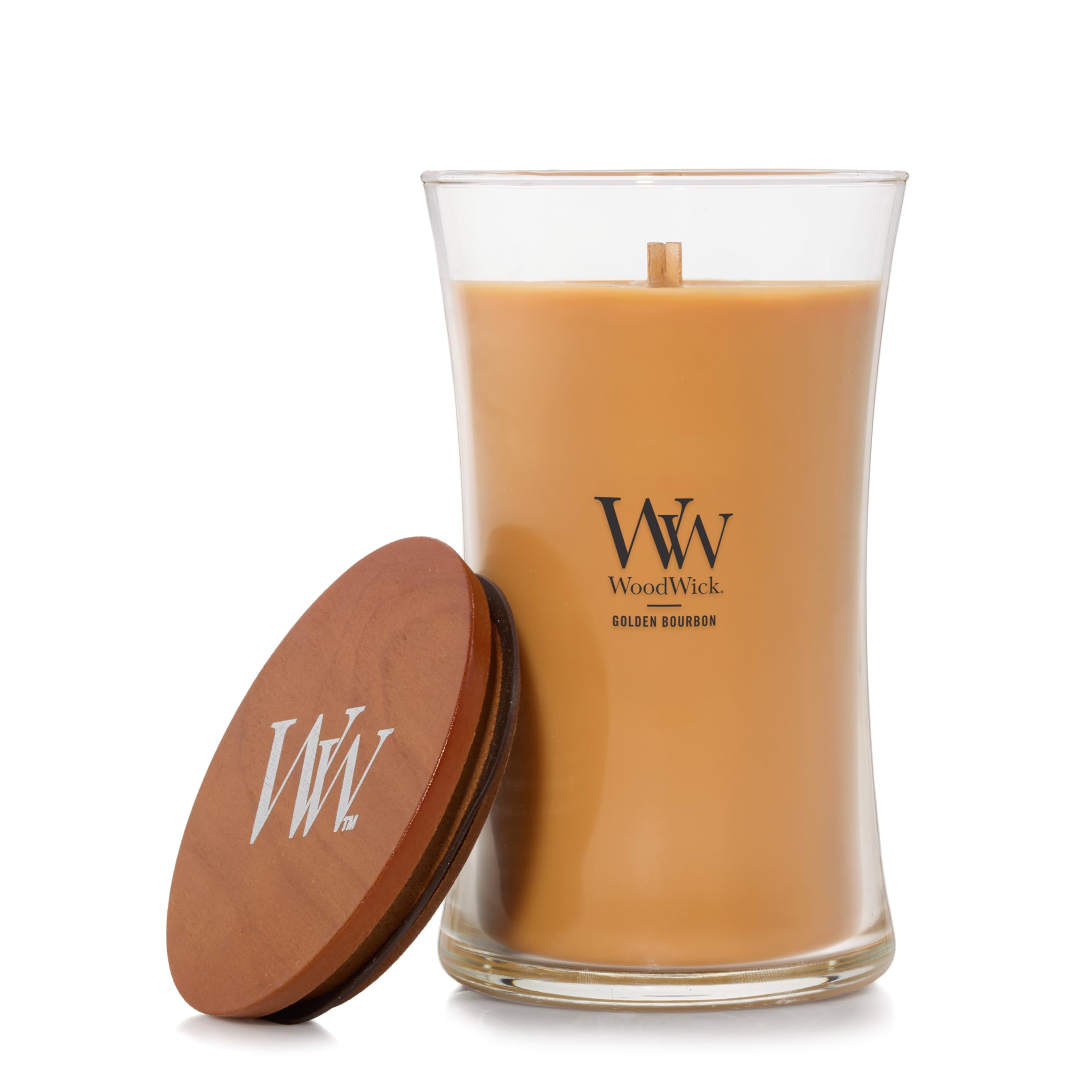 Candela profumata WoodWick con stoppino scoppiettante | Candela clessidra grande Golden Bourbon | Candele a lunga combustione: Fino a 130 ore | Regali perfetti per le donne