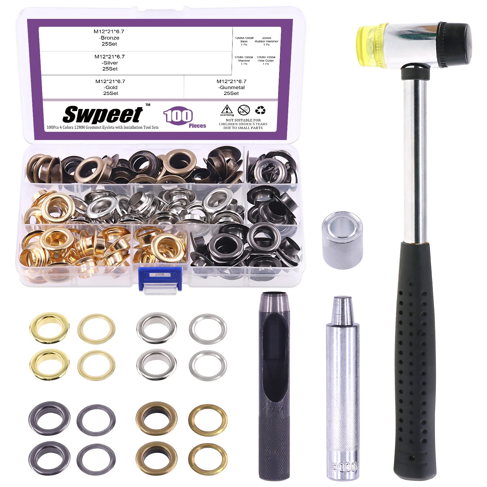80Pcs - 40Sets 1/2" (12mm) Hole Grommets Thicken 4 Colors Metal Grommets Eyelets Grommets and 3Pcs Setting Instal Tool, Rubbe Soft Mallet for Repairing Canvas, Leather