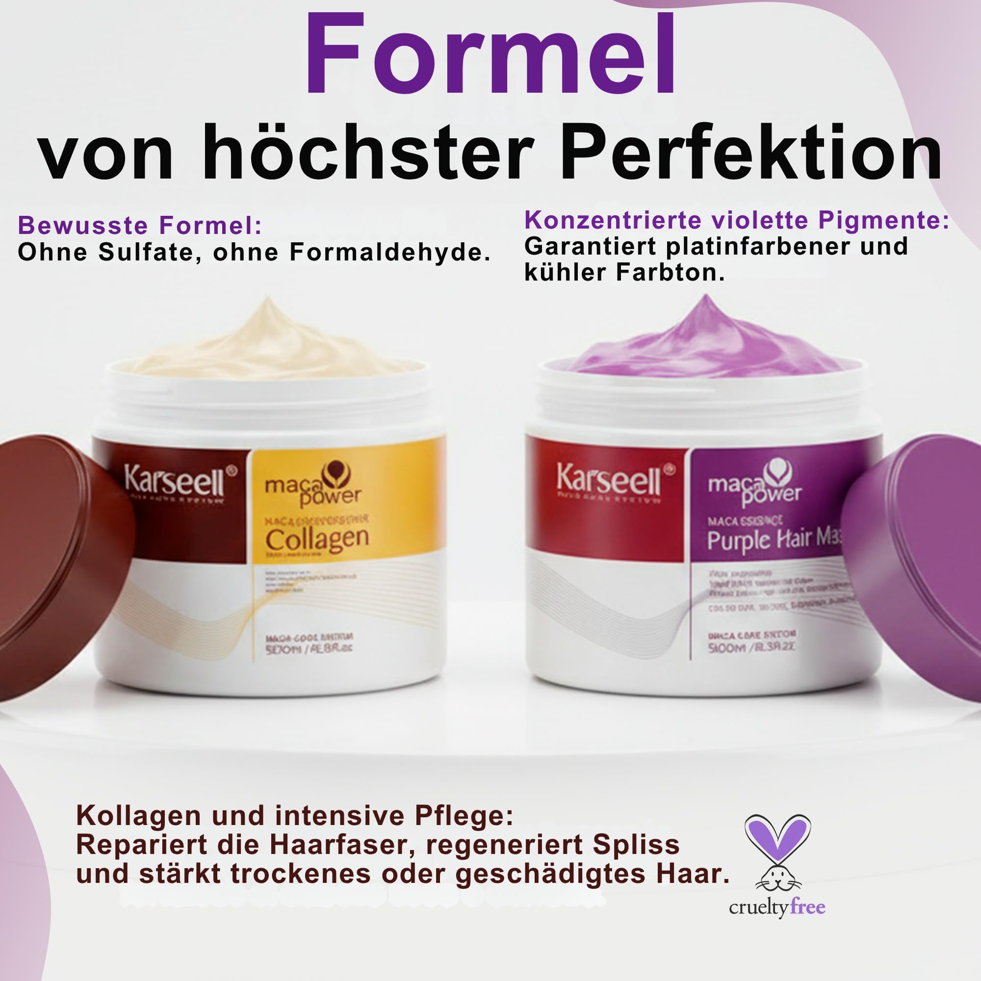 Karseell MACA CARE SYSTEM Set 1 Kollagen-Haarmaske + Violette Haarmaske Gegen Gelbstich Tiefenpflege Feuchtigkeit Reparatur Trockenes Geschädigtes Blondiertes Graues Weißes Haar Ohne Sulfate