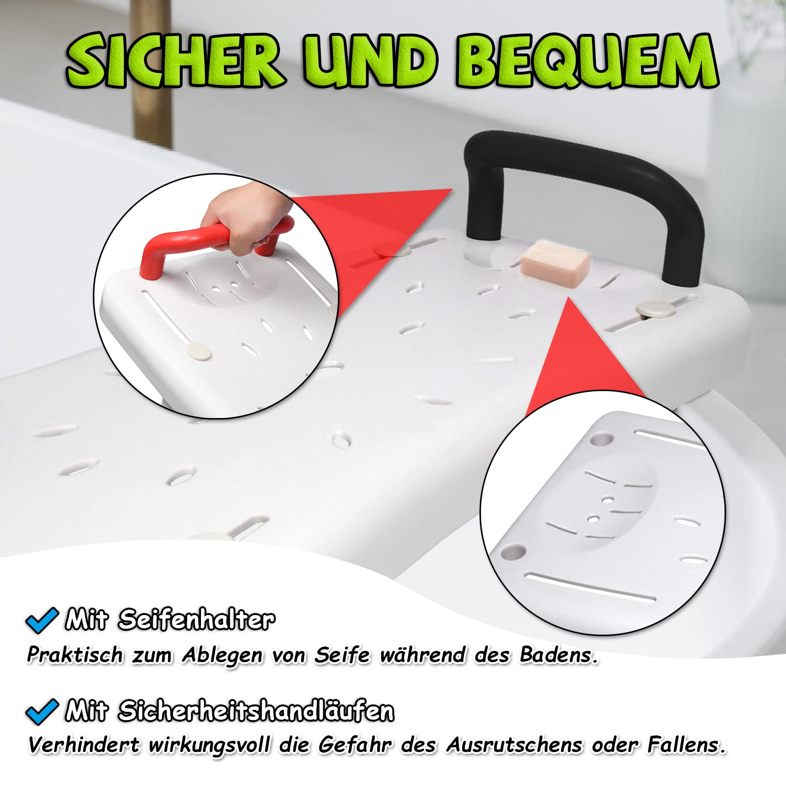 Froadp 70x31x5cm Badewannensitz mit Schwarz Griff Badewannenbrett zum Sitzen aus PP Wannensitz Badewanne Sitzbrett für Erwachsene Senioren Schwangere 41-63cm Einstellbarer Abstand