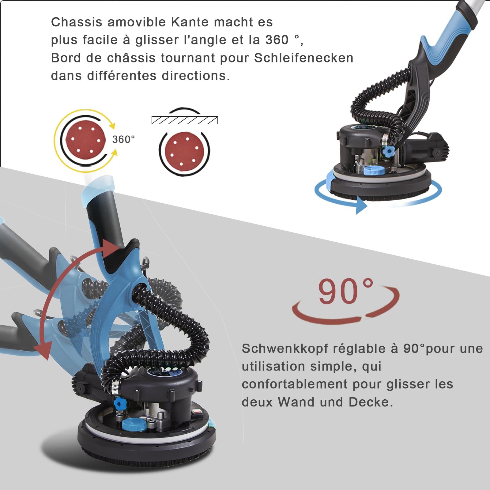 Levigatrice Giraffa 750 W professionale con sistema di vuoto automatico e luce LED, Levigatrice da parete e soffitto telescopico, diametro 215 mm, 7 velocità 900-1800 giri/min (blu)