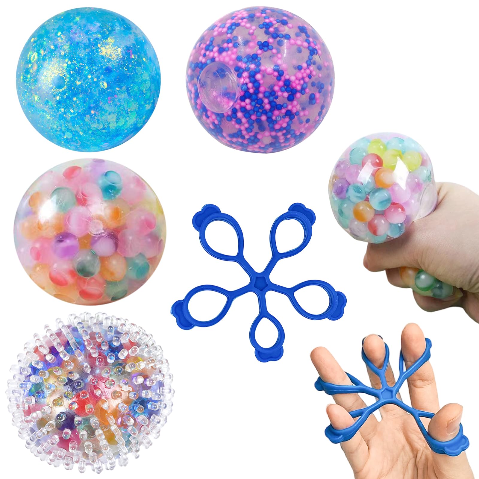 4 Pcs Hand Therapy Squeeze Exercise Stress Balls, Hand Therapy Balls with 1 Pcs Finger Strengthener, Finger Wrist Arthritis Hand, Grip Strengthen and Stress Relief