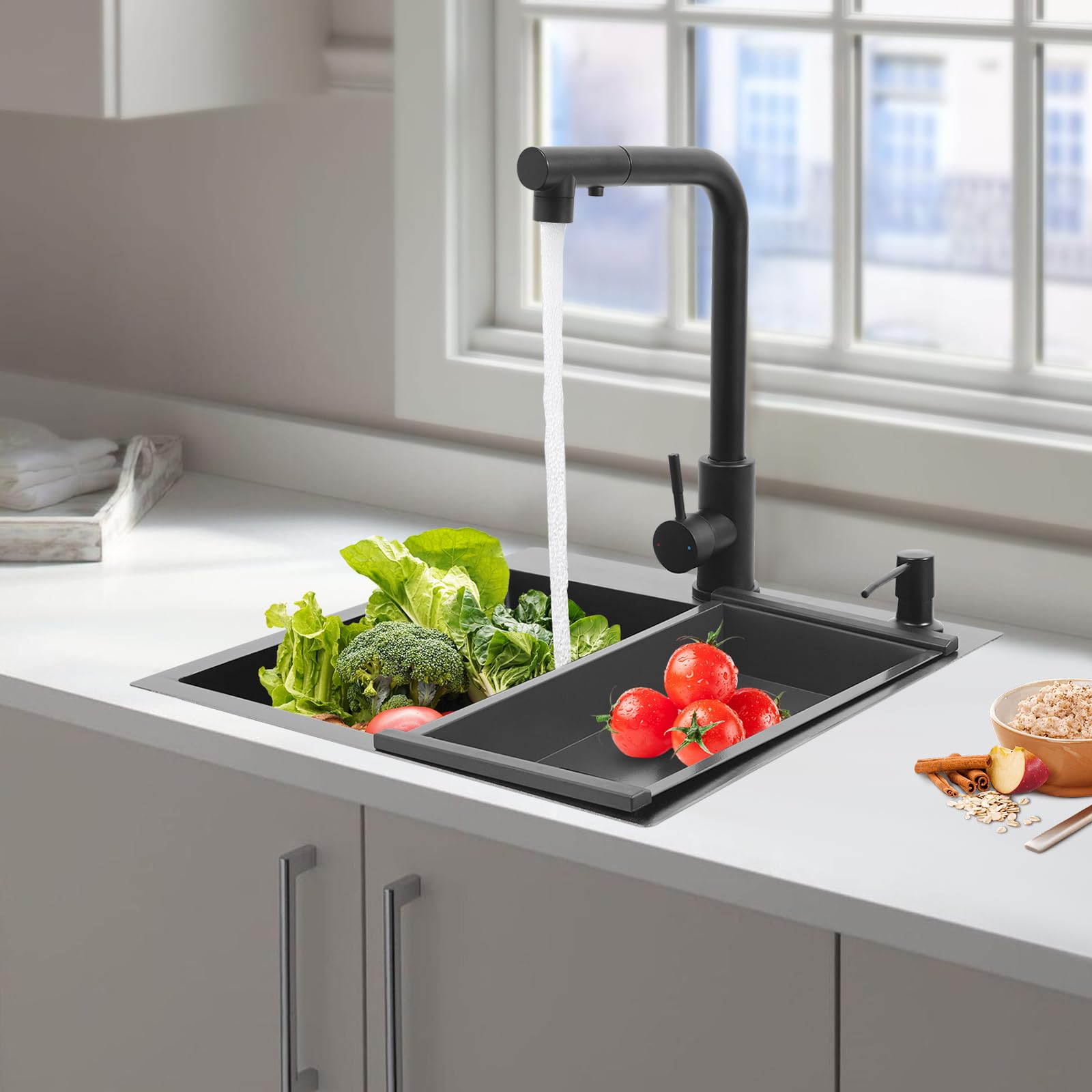 Fregadero negro 45 x 45 x 18 cm, juego de fregadero de cocina empotrable, 1 lavabo + grifo de cocina extensible de 60 cm + colador + tubo de sifón, fregadero multifuncional de acero inoxidable