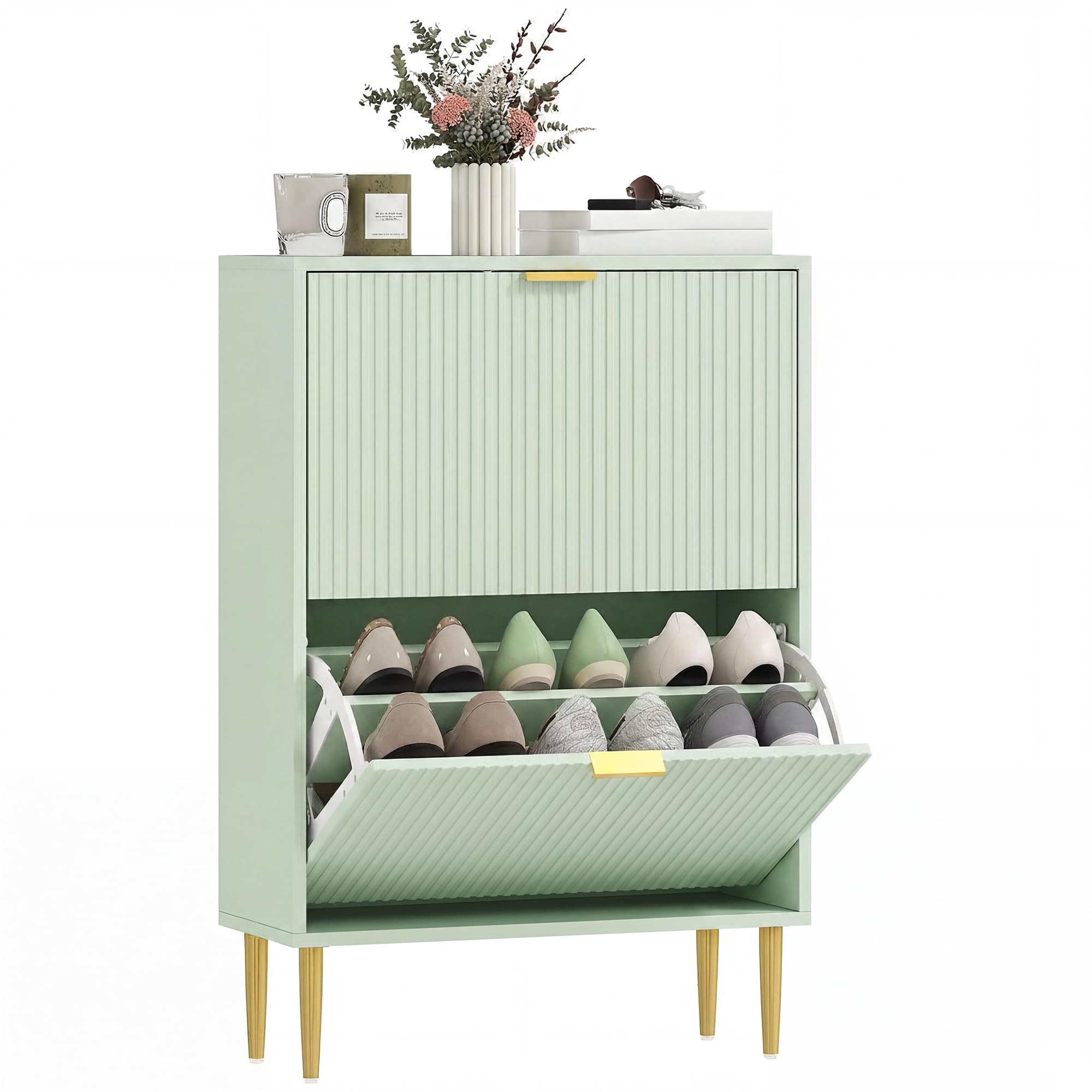 HOMCOM Narrow Shoe Cabinet with 2 Flip Drawers, Modern Slim Shoe Storage Cabinet with Fluted Doors and Adjustable Shelves for Hallway, Holds 6-12 Pairs, Light Green