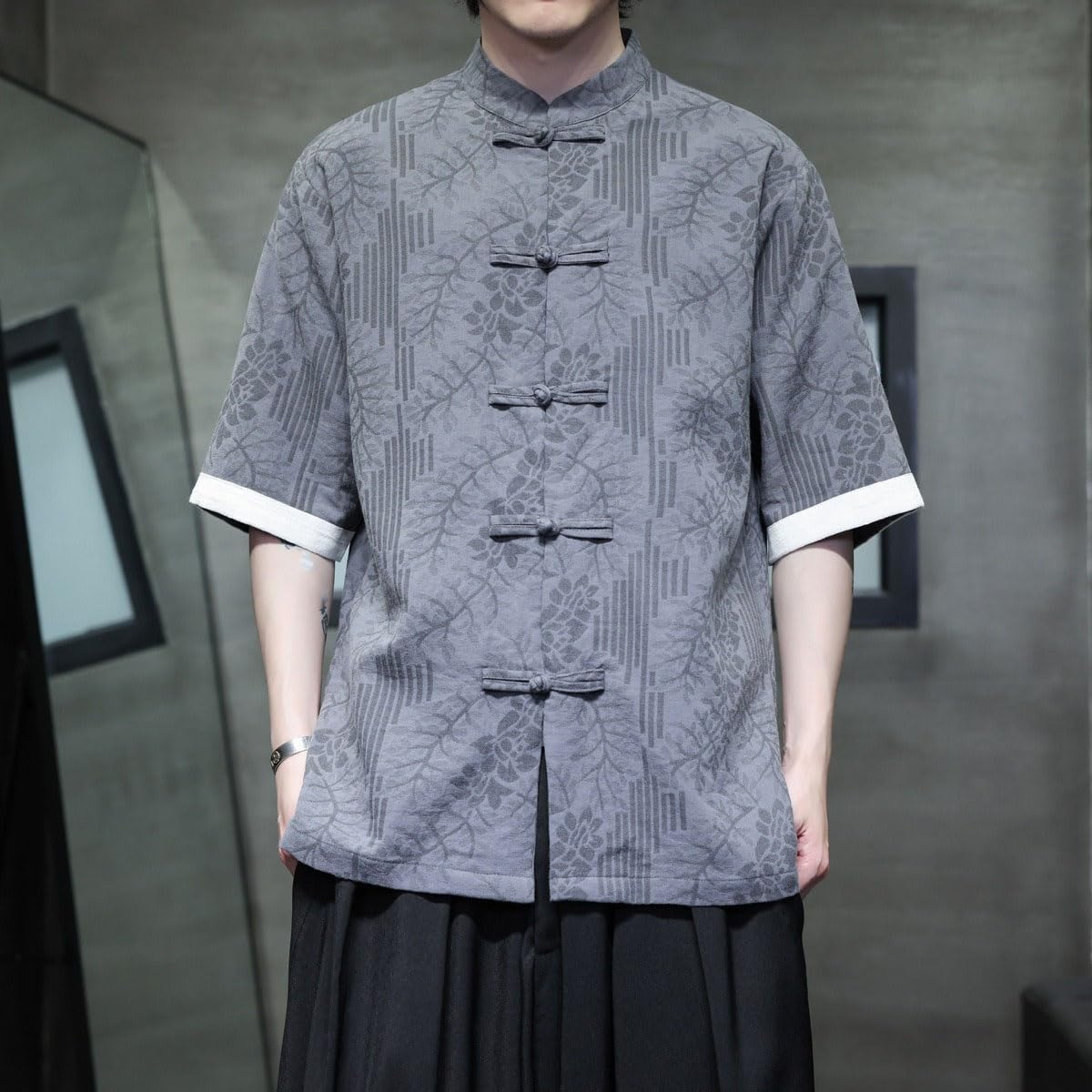 Men's Cotton Linen Zhongshan Suit Short Sleeve Summer Tang Suit T-Shirt