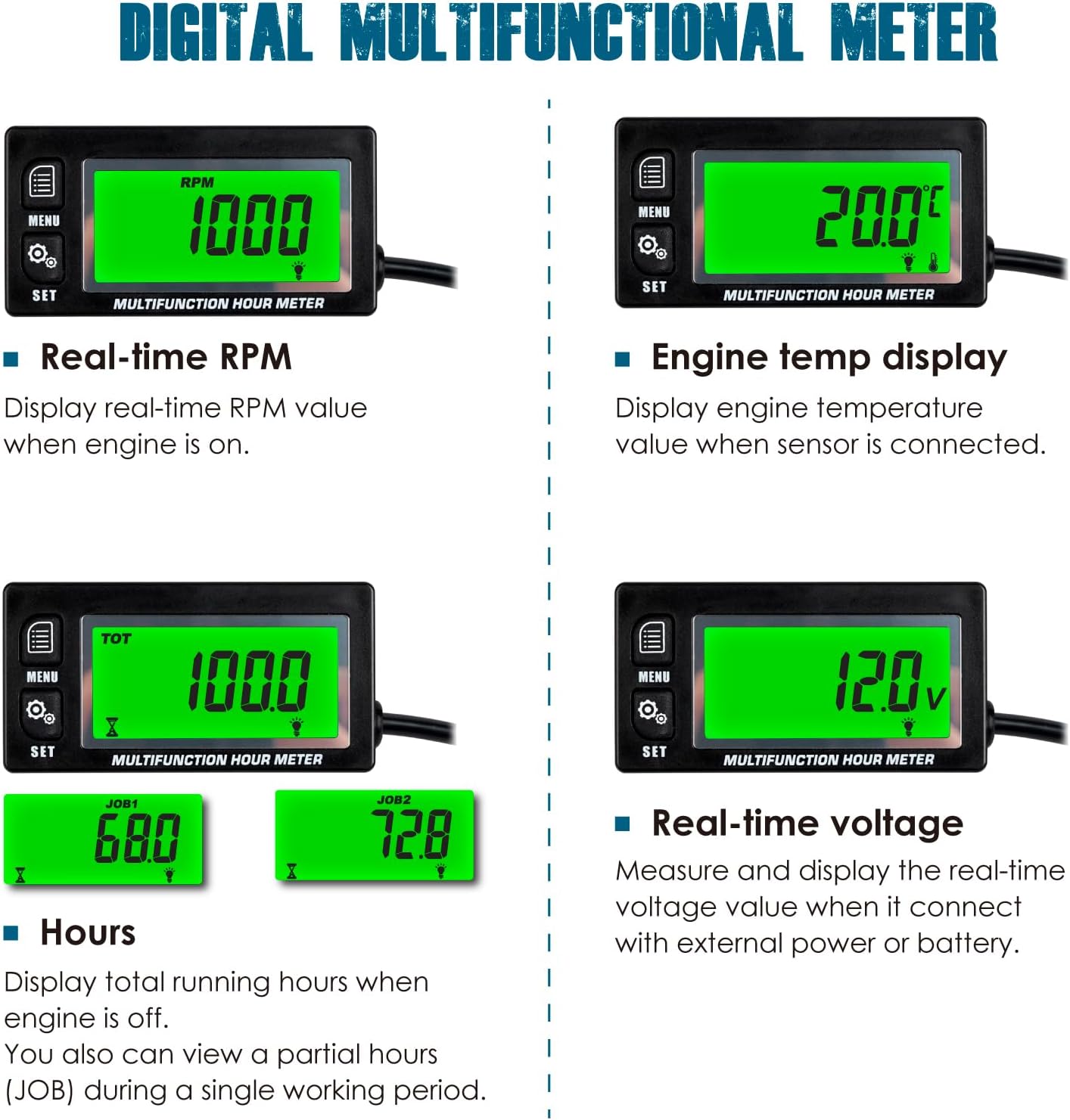 Runleader Digital Hours Tachometer,Engine Temperature Gauge,Backlight Display, Large LCD Screen,Battery Replaceable for Garden Mower Generator Motorcycle Compressor Outboard Motor Snowblower.