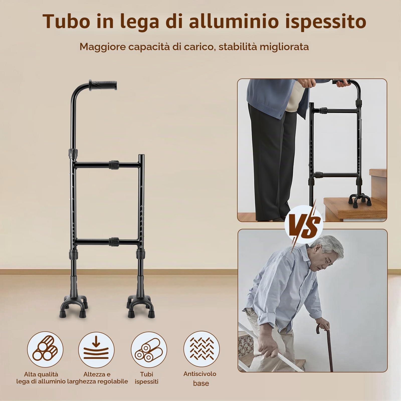 Bastone Passeggio, Ausilio Per Salire Le Scale Stampelle Per Anziani Altezza (85-115Cm) E Larghezza (22-36Cm) Regolabili Base Quadrupla Versatile Bastone Passeggio/Ausilio Salire Scale Design 2 In 1