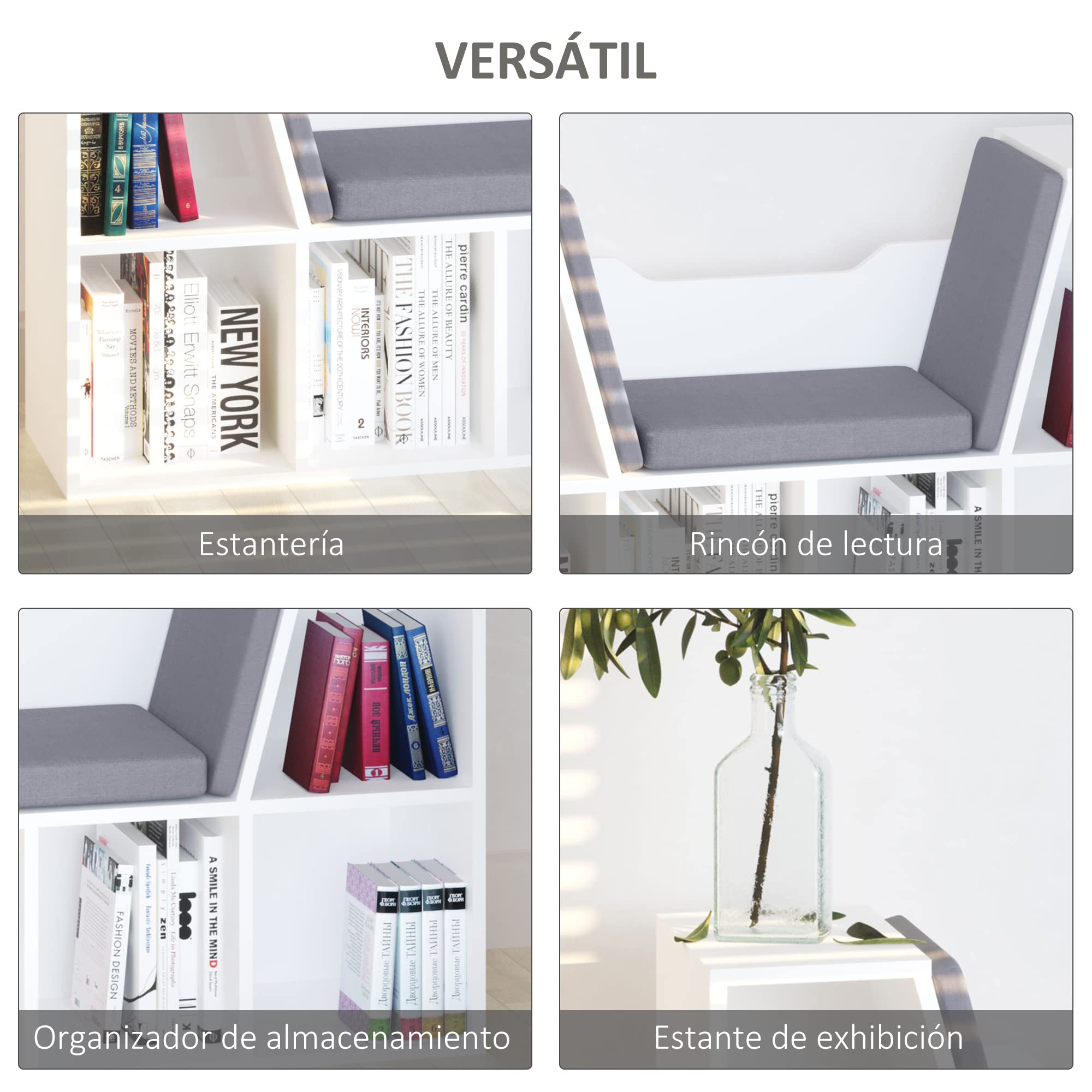 HOMCOM Librería con Asiento, Estantería de Libros con 6 Cubos, Estantería Almacenamiento con Banco con Cojín, Multiusos para Sala de Estar, Oficina, Dormitorio, 102x30x61cm, Blanco y Gris