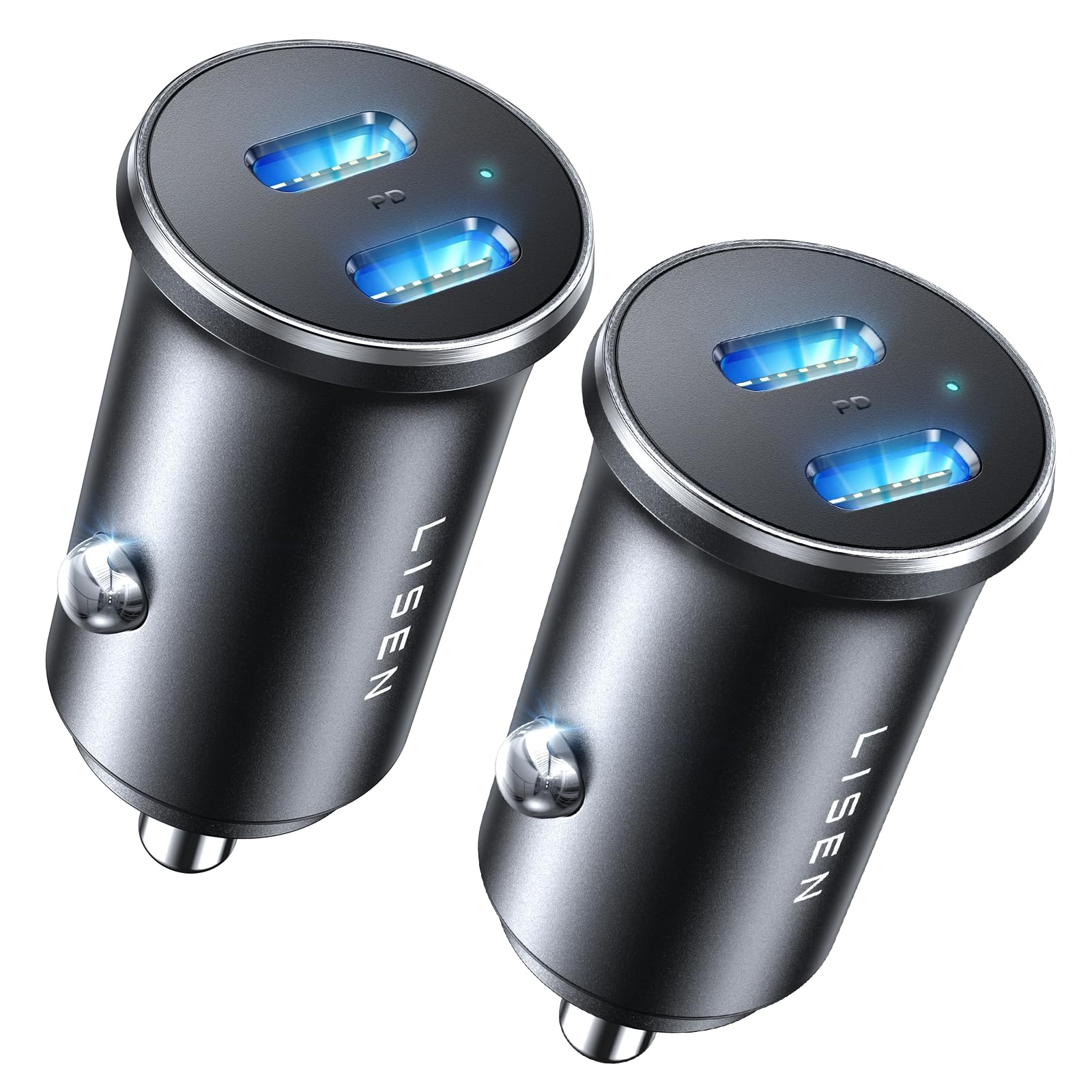 LISEN 90W USB C Car Charger USB C Fast Charge, 45W PD&QC 3.0 Fast Car Charger for Samsung S26 S25,Cigarette Lighter USB Charger Adapter for iPhone 17 16 15 Pro Max [Metal&Mini], 2 Pack | Type C Car Charger, USB C Car Charger Fast Charging for iPhone 14 13 12 11 Pro Max, All Metal 12 V outlet, Black, 2-Pack 2 Pack Black