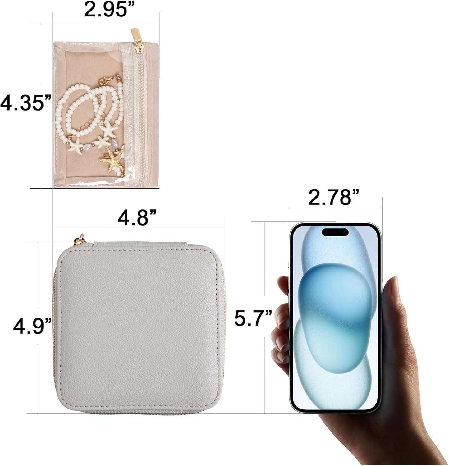 Frebeauty Small Travel Jewelry Box,Travel Jewelry Case with 6 Pouch Bags,Portable Travel Jewelry Organizer,Mini Jewelry Storage,3.35 x 4.9 x 4.8 Inches,Gift Idea for Women Girls (Grey) - Image 4