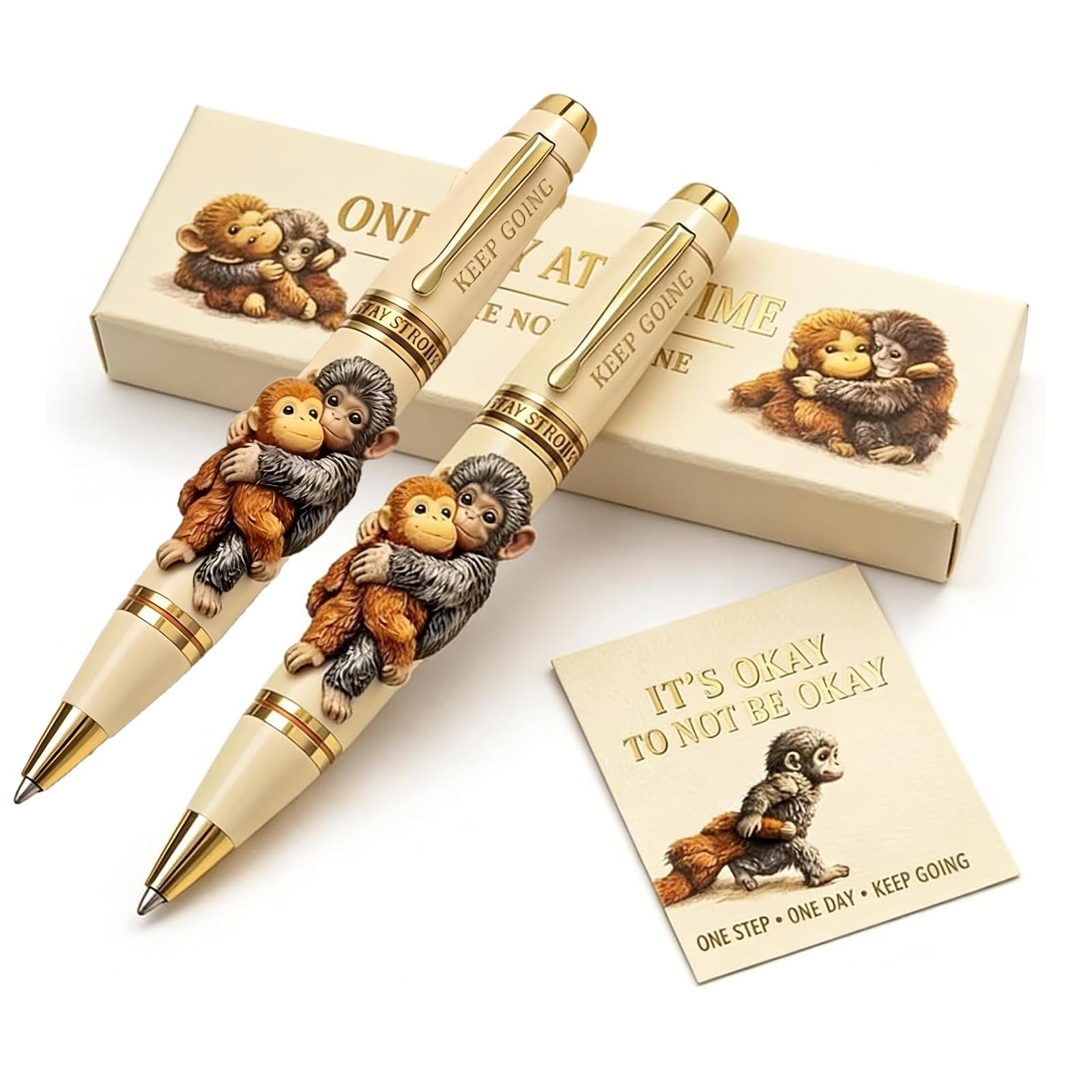 Emotional Support Monkey Pen, Punch Monkey Commemorative Metal Pen, Inspirational One Day at a Time Printed Pens with Card & Gift Box, Comforting Reminder Gift for Friends on Hard Days (2pcs)