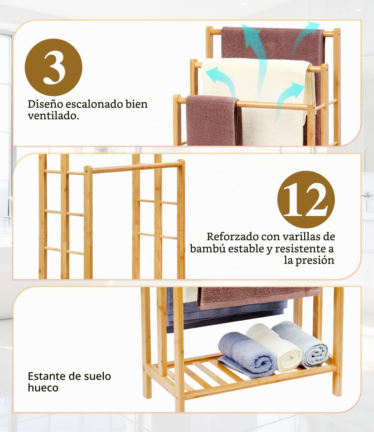 Toallero de bambú con estante, toallero de pie, escalera de pie con 3 barras, baño, salón, ahorra espacio (96 cm de alto)