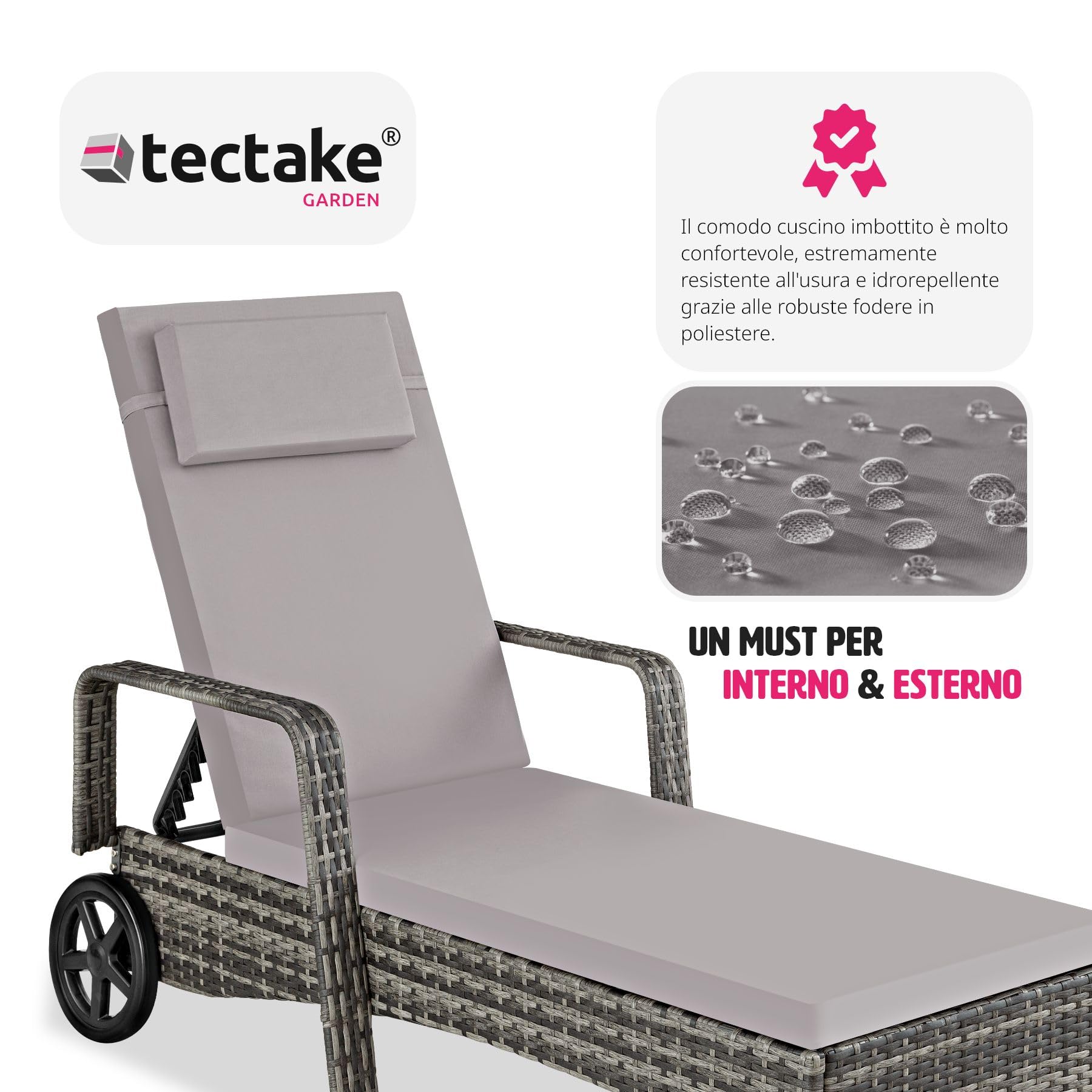 tectake® Lettino prendisole Cassis in Alluminio e Rattan, Design Molto Elegante, con Ruote, Adatto per Uso Interno ed Esterno, Poggiatesta Lettino, da Giardino - Grigio