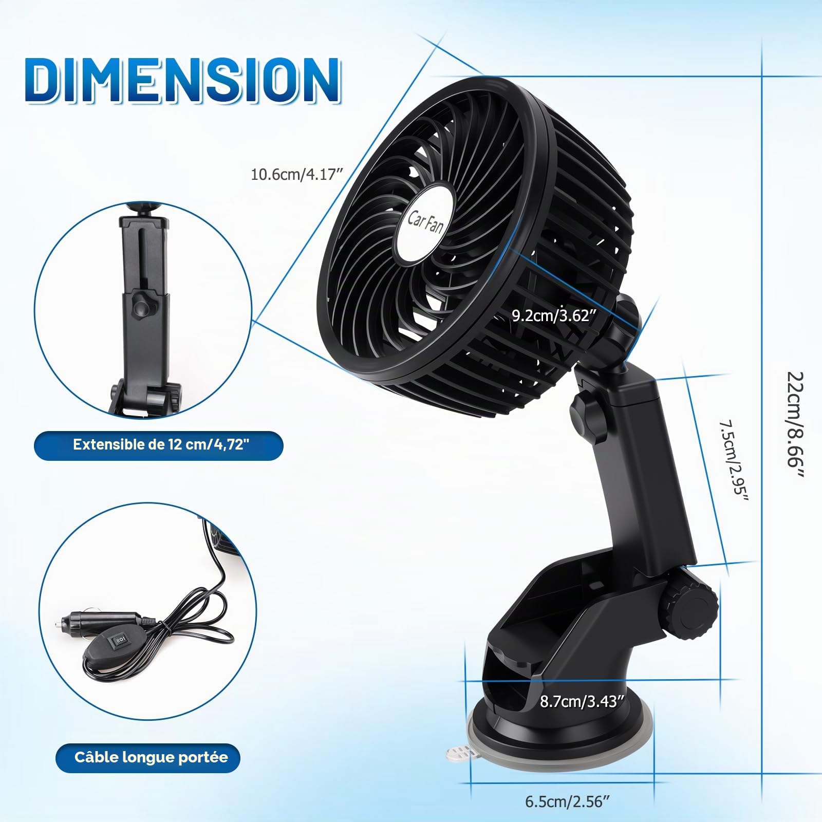 D-Lumina Ventilateur de voiture rotatif à 360°, montage sur allume-cigare, portable, silencieux, avec 2 vitesses réglables pour camions, bateaux, voitures, véhicules (ventouse), climatiseur d'air pour
