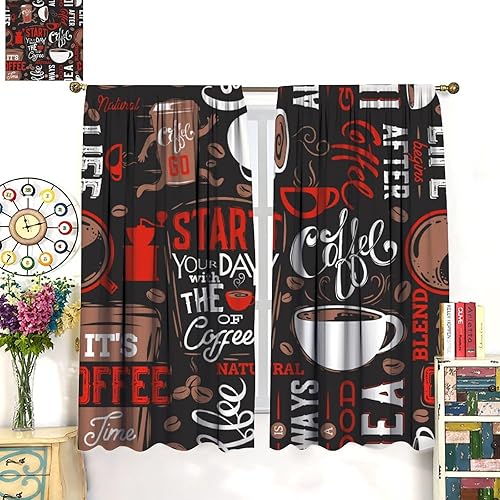 Miniatura 4 de Cortinas retro de café para cocina, taza de té con leche, marrón, blanco, garabatos, negro, rojo, bonita decoración, bolsillo para barra,