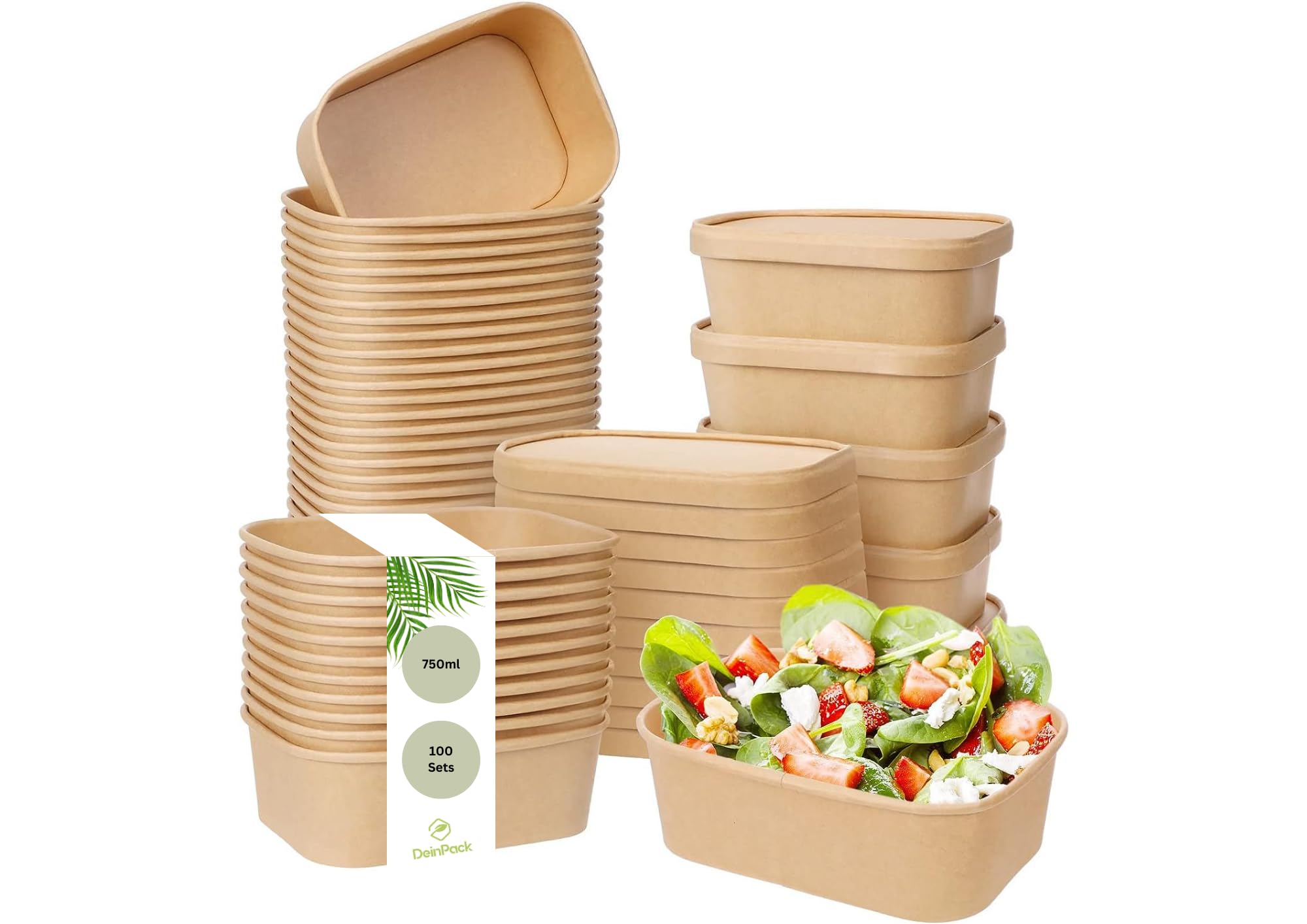 Ciotole per insalata to go rettangolari 750 ml 17,3 x 12 x 5,7 cm con coperchio carta kraft marrone
