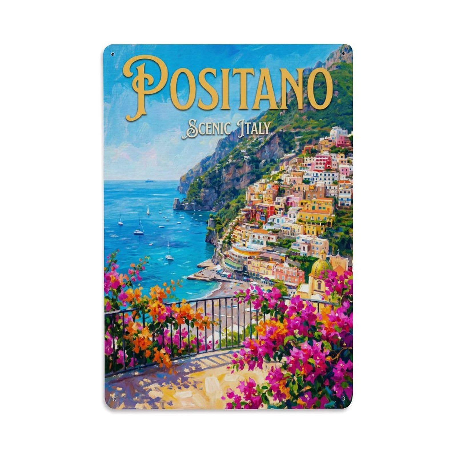 Vintage Travel Positano Italy Scenic Metal Tin Sign Plaque Wall Decor for Cafe, Club Bar, Office, Garden Metal Poster 8x12Inch