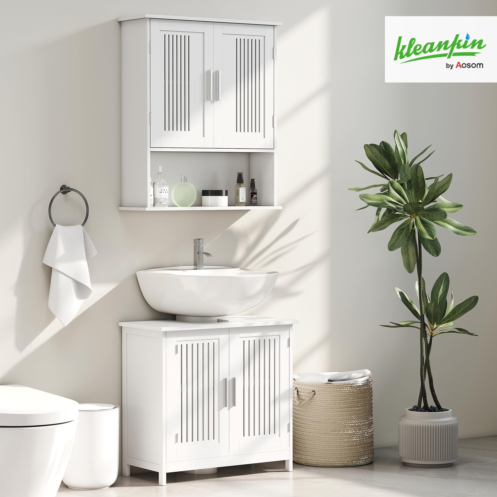 kleankin Armario de Pared para Baño Multiusos Mueble de Baño Suspendido Armario Colgante de Almacenamiento con 2 Puertas de Listones Estante Ajustable y Compartimento 60x20x70 cm Blanco