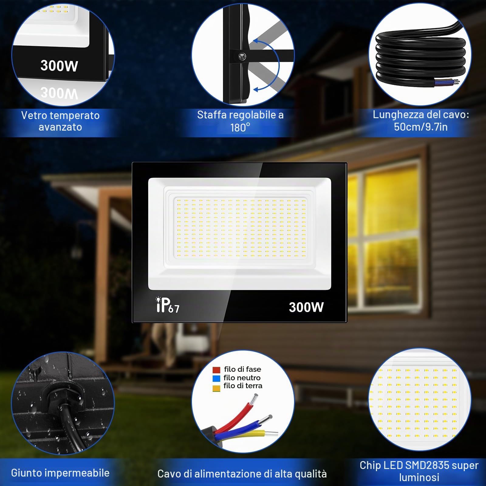 300W Faretto Led da Esterno,30000LM Faretti LED Esterno,7000K Bianca Fredda Faro LED Esterno,IP67 Impermeabile Super Luminoso Faretti LED per Giardino,Cortile,Garage,Patio