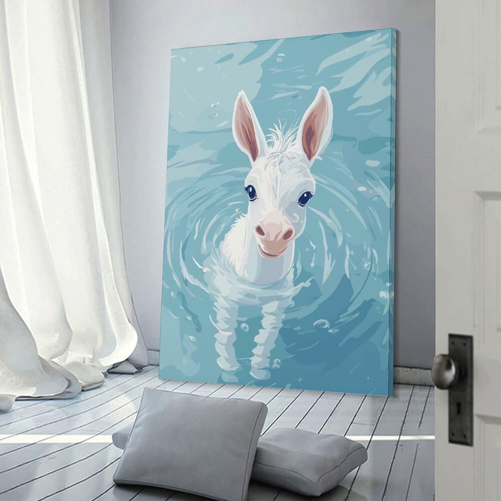 Junmoney Home Decor Wall Art White Donkey Swimming in Blue Water, 20x30inch(50x75cm), for New Homes, Bedrooms Or Workspaces, Decorative Present for New Homes
