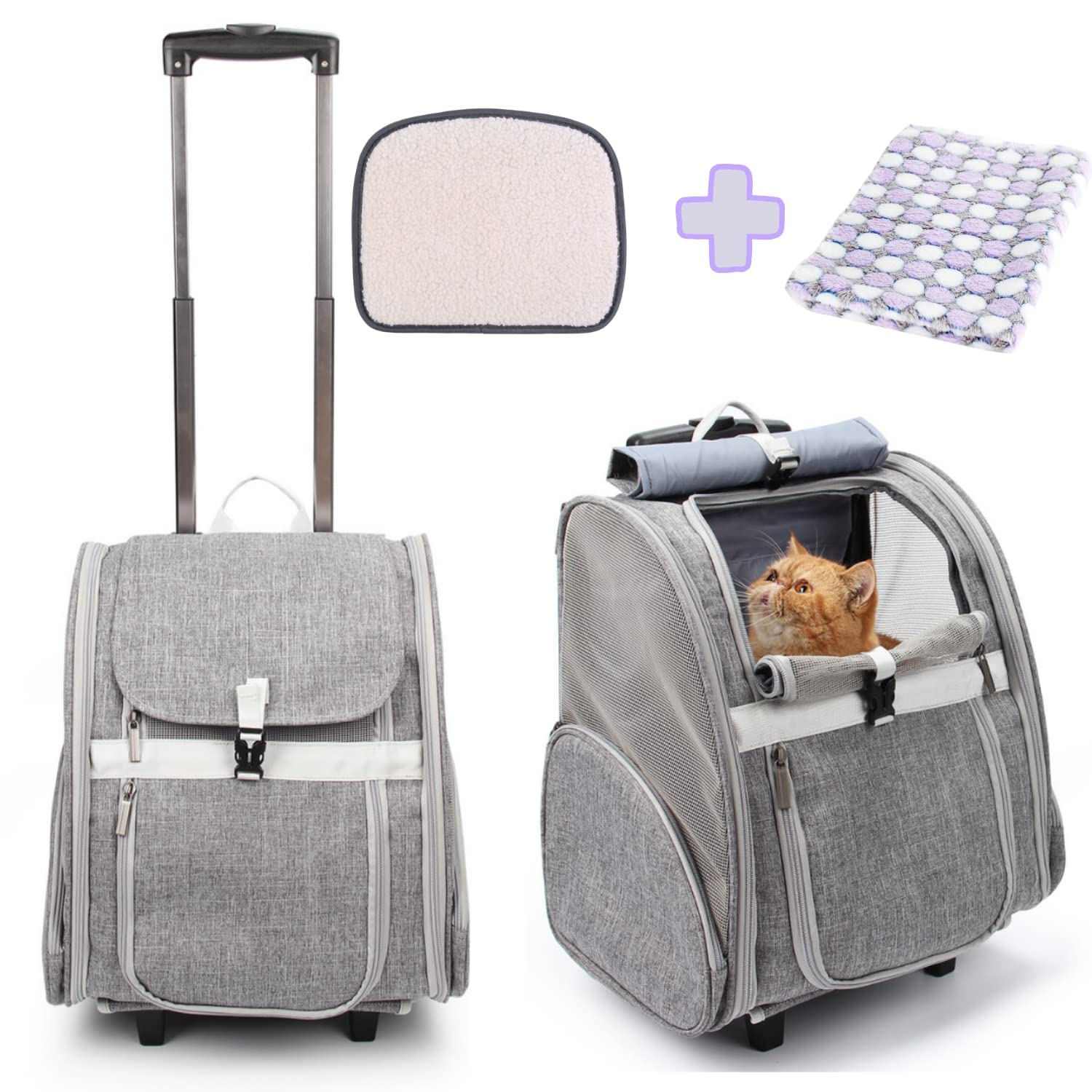Lollimeow Transportín con Ruedas para Mascotas, Mochila para Perros con Ruedas, Gatos, Bolsa de Viaje para Cachorros con Ruedas, Carrito para Perros Gris