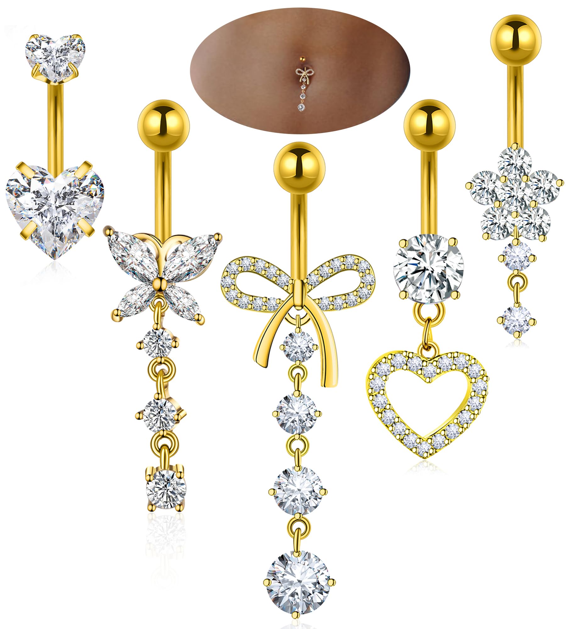 Belly Button Ring with Belly Button Pendant Jewelry Cute Pink CZ Heart Butterfly Flower Belly Button Piercing for Women 14G Silver Stainless Steel Delicate Hanging Piercing