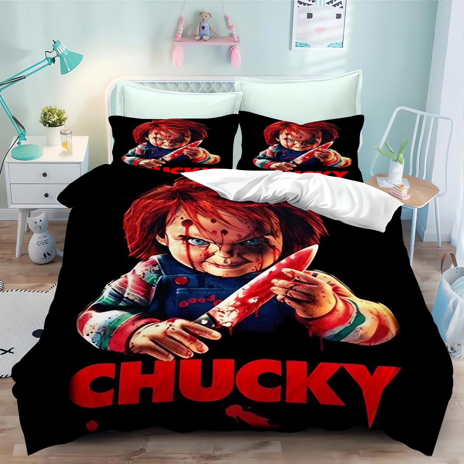 Parure de lit avec housse de couette 135 x 200 cm, pour adolescents, motif de film d'horreur 3D, avec housse de couette et fermeture éclair, motif de dessin animé Chucky, poupée d'horreur (220