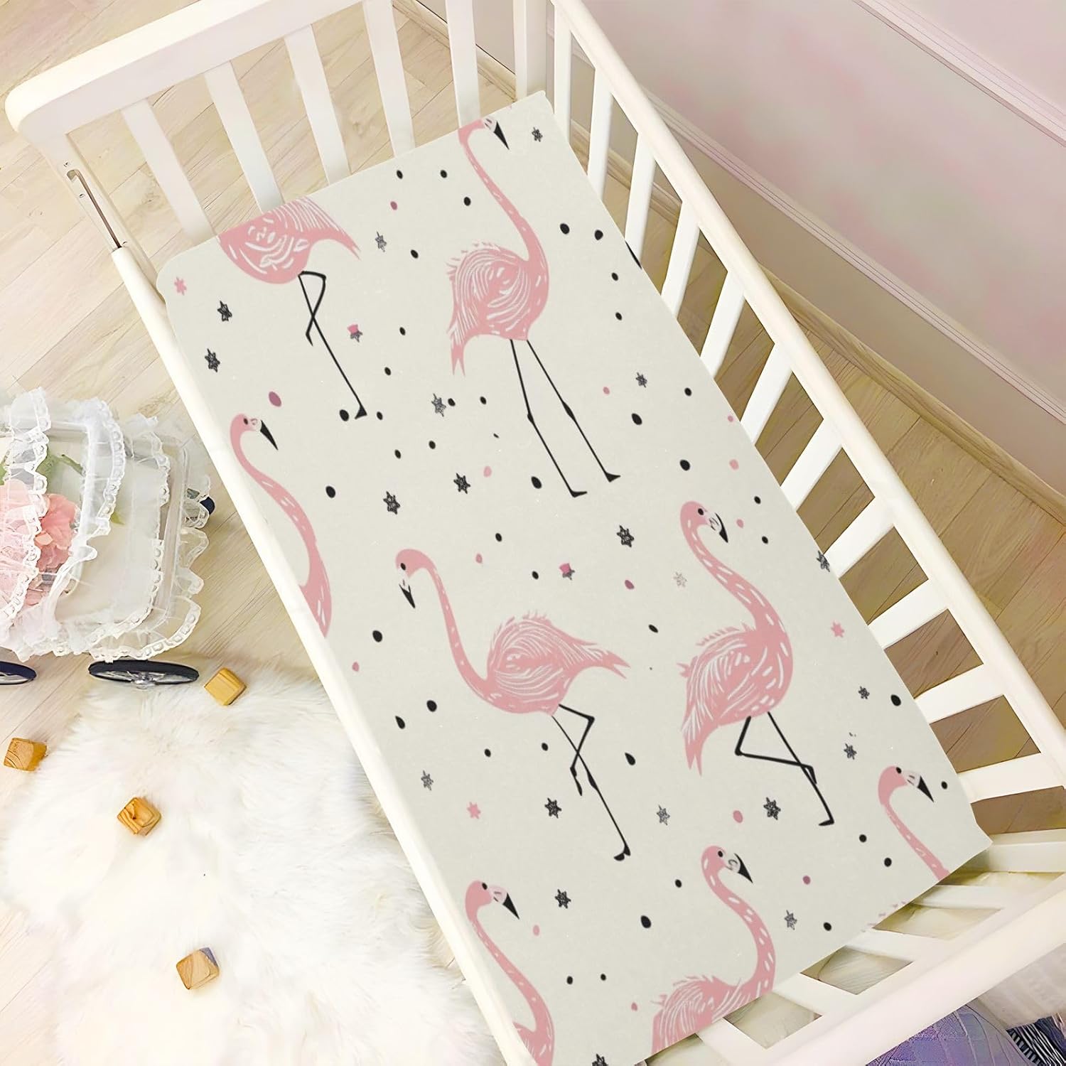 Summer Pink Flamingo Crib Sheets Stretchy Portable Sheets for Baby Toddler Breathable Soft Crib Mattress Sheet for Girls Boys