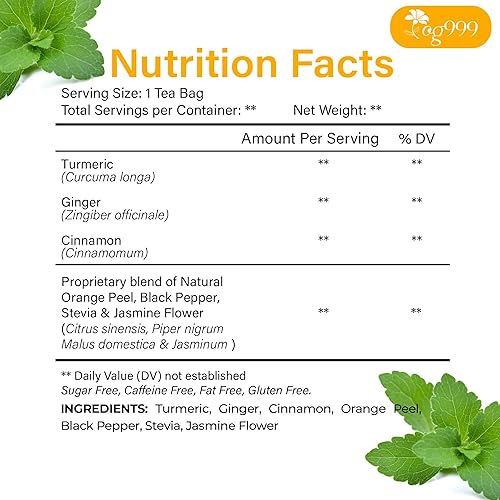 Miniatura 2 de TOG999, 20 bolsas de té de jengibre, cúrcuma y canela, versión mejorada, 100% natural, mezcla hecha a mano de jengibre, cúrcuma, canela, cáscara de