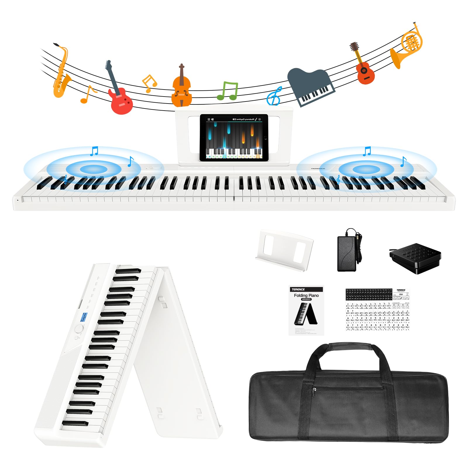 TERENCE Piano numérique 88 touches - 30 W - Haut-parleur AR - Système audio - Piano électronique pliable - 4 effets de réverbération - Capteur miroir - Interfaces MIDI