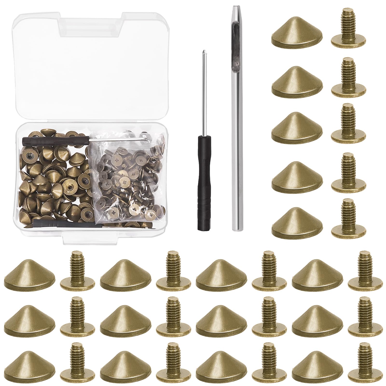 El juego de 102 picos de cono incluye pernos de cono de punta de bala de 4,7 mm y 2 herramientas de ajuste para manualidades de cuero (bronce)