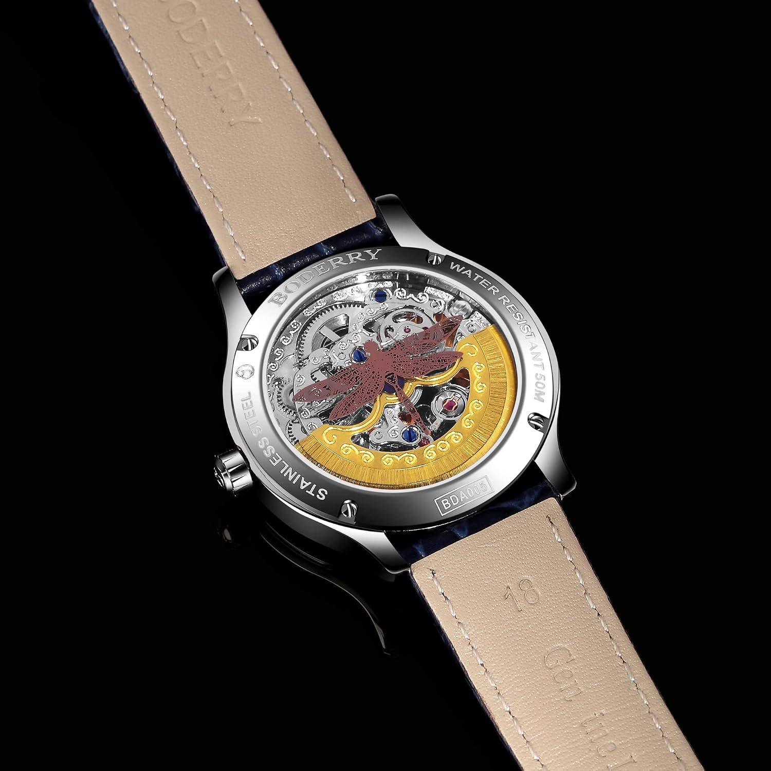 BODERRY Original Women's Dress Wrist Watch Stainless Steel Automatic-self-Wind Skeleton Ladies Watches with Leather Calfskin Strap,Sapphire Crystal -Birthday Gift