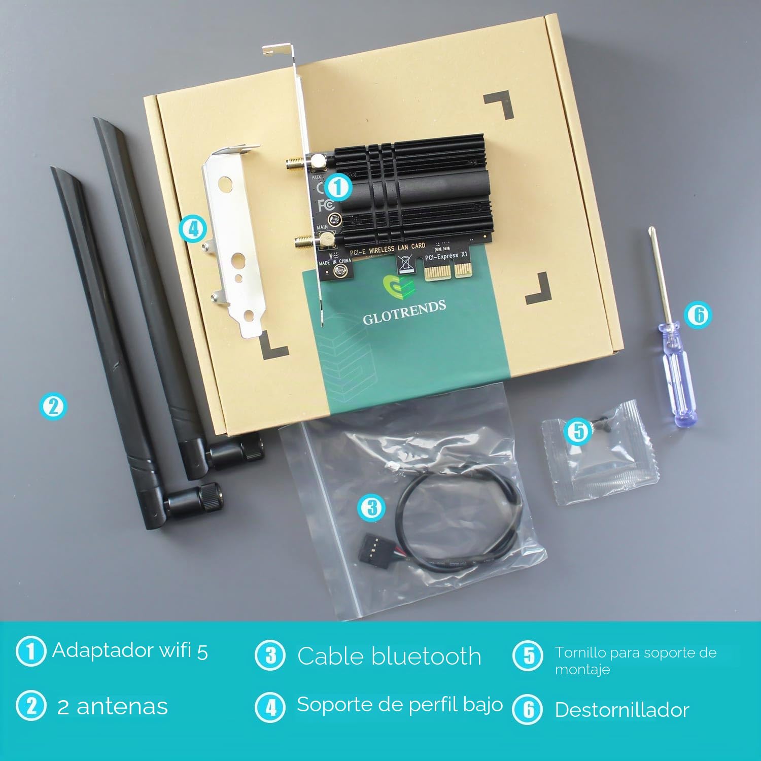 GLOTRENDS AC1200 WiFi 5 Tarjeta PCIe con Soporte de Bajo Perfil para PC de Sobremesa, Chip Intel 7265, 802.11ac, Bluetooth 4.2, Soporta Windows 11/10/7/Linux, No Soporta Mac OS/Windows XP