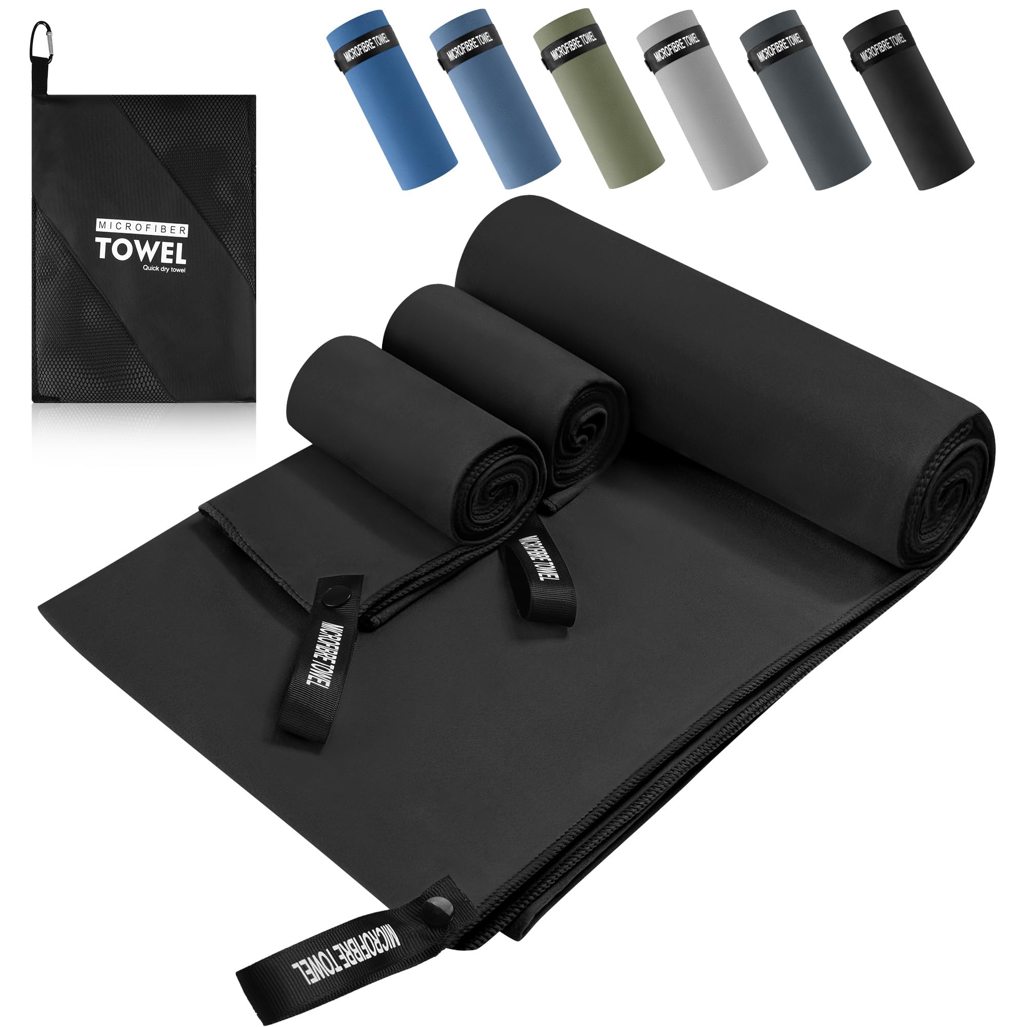 Pameil Mikrofaser Handtuch 3er Set, Mikrofaser Handtuch Groß 200x100cm & Mikrofaser Handtücher 2 Klein 80×40cm, Schnelltrocknend und Leicht, Ideal als Sporthandtuch, Strandtuch, Reisehandtuch