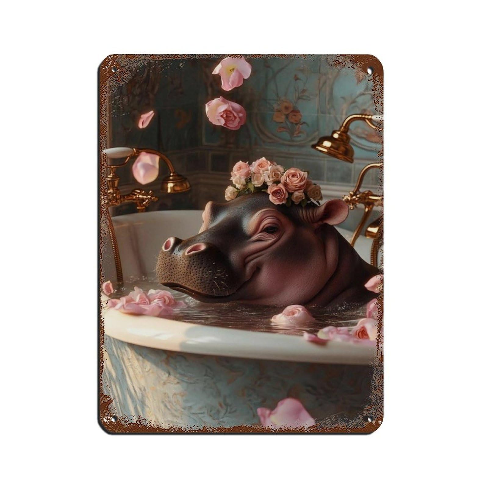 Lxwnze 30L X 40W Cm Cute Hippo Bathroom, Animalbathroom Tin Sign Vintage Metal Pub Club Cafe Bar Home Wall Art Decoration Poster Retro 12X16inch(30X40cm)