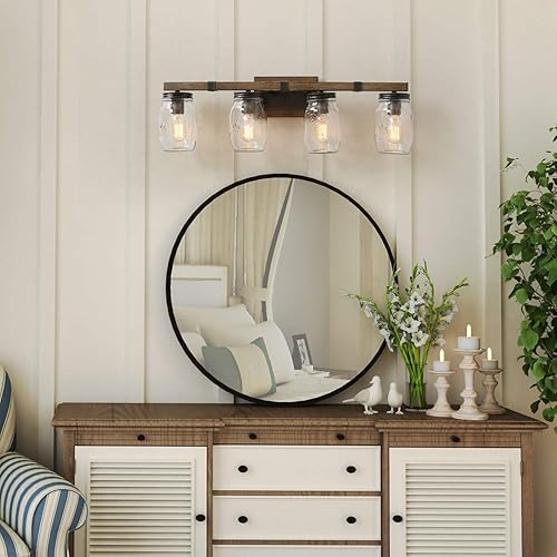 Miniatura 2 de Log BARN Lámpara de tocador de baño rústica con vidrio Mason Jar Glass, apliques de pared de 4 luces, acabado de madera sintética, 29 pulgadas