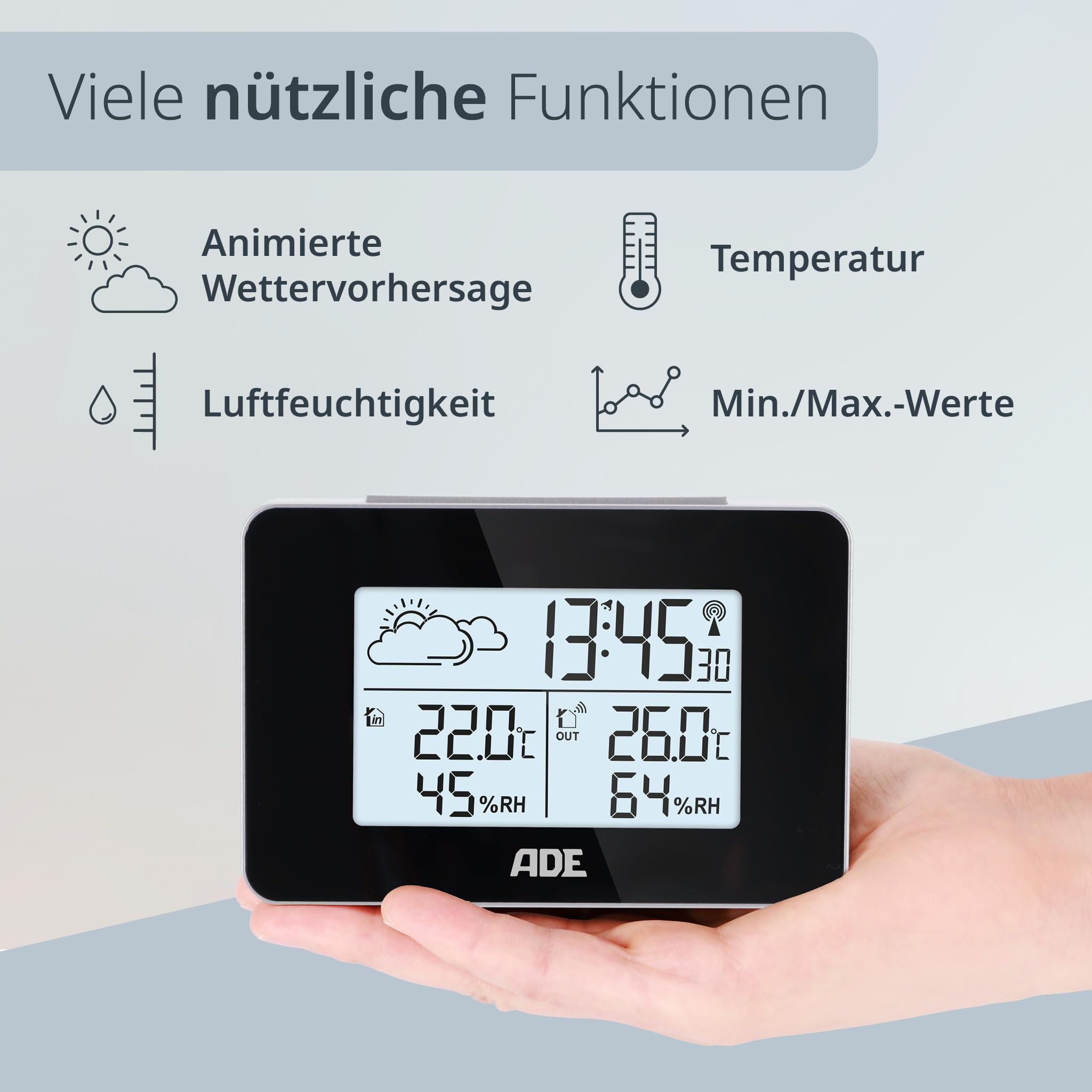 ADE Digitale Wetterstation Funk mit Außensensor | Innen und Außentemperatur | Luftfeuchtigkeitsmesser | animierte Wettervorhersage | Funkwecker mit Schlummerfunktion | schwarz