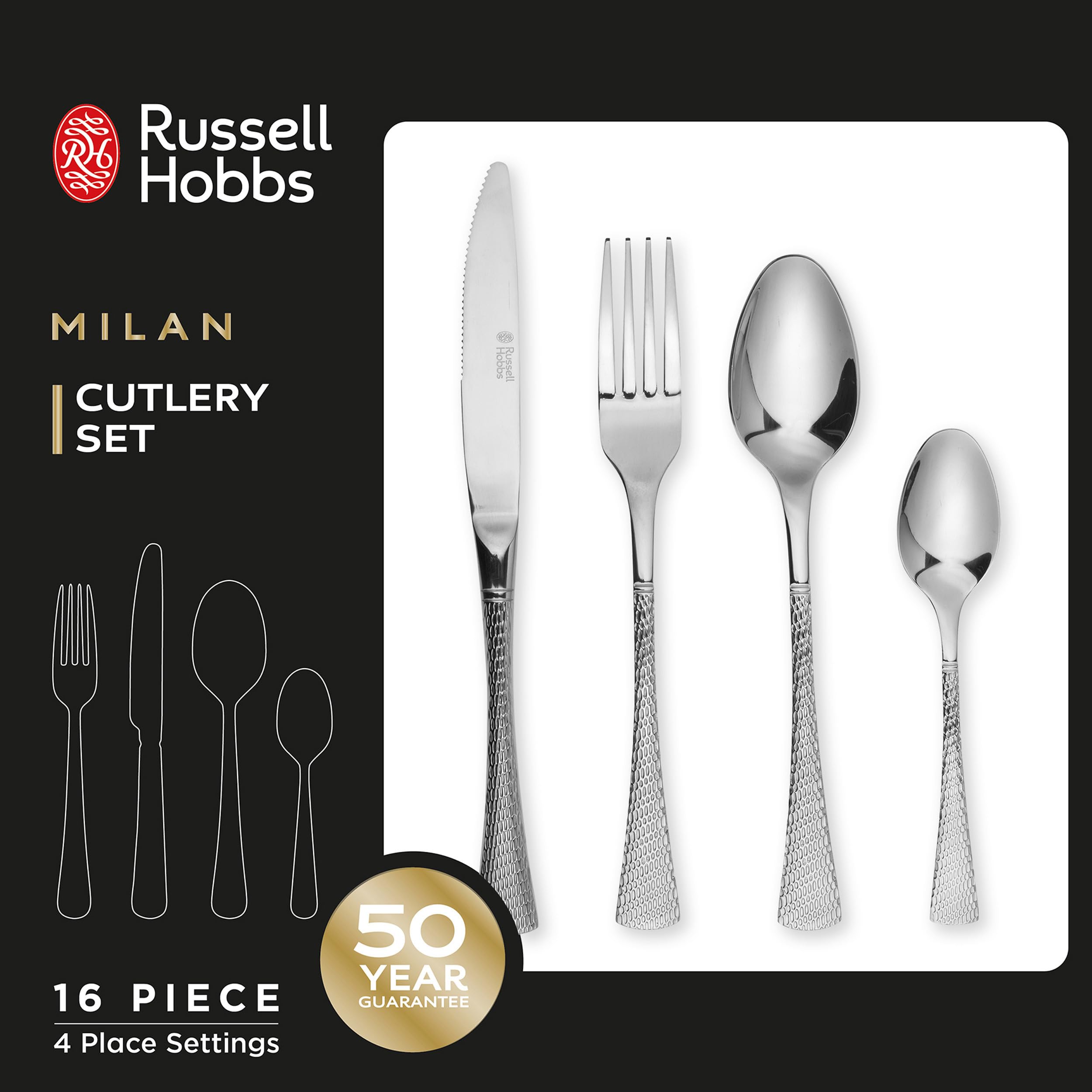 Russell Hobbs Combo-7571 Milan Ménagère 32 pièces en acier inoxydable 18/10 pour 8 personnes Design unique avec couteaux, fourchettes, cuillères à dessert et cuillères à café