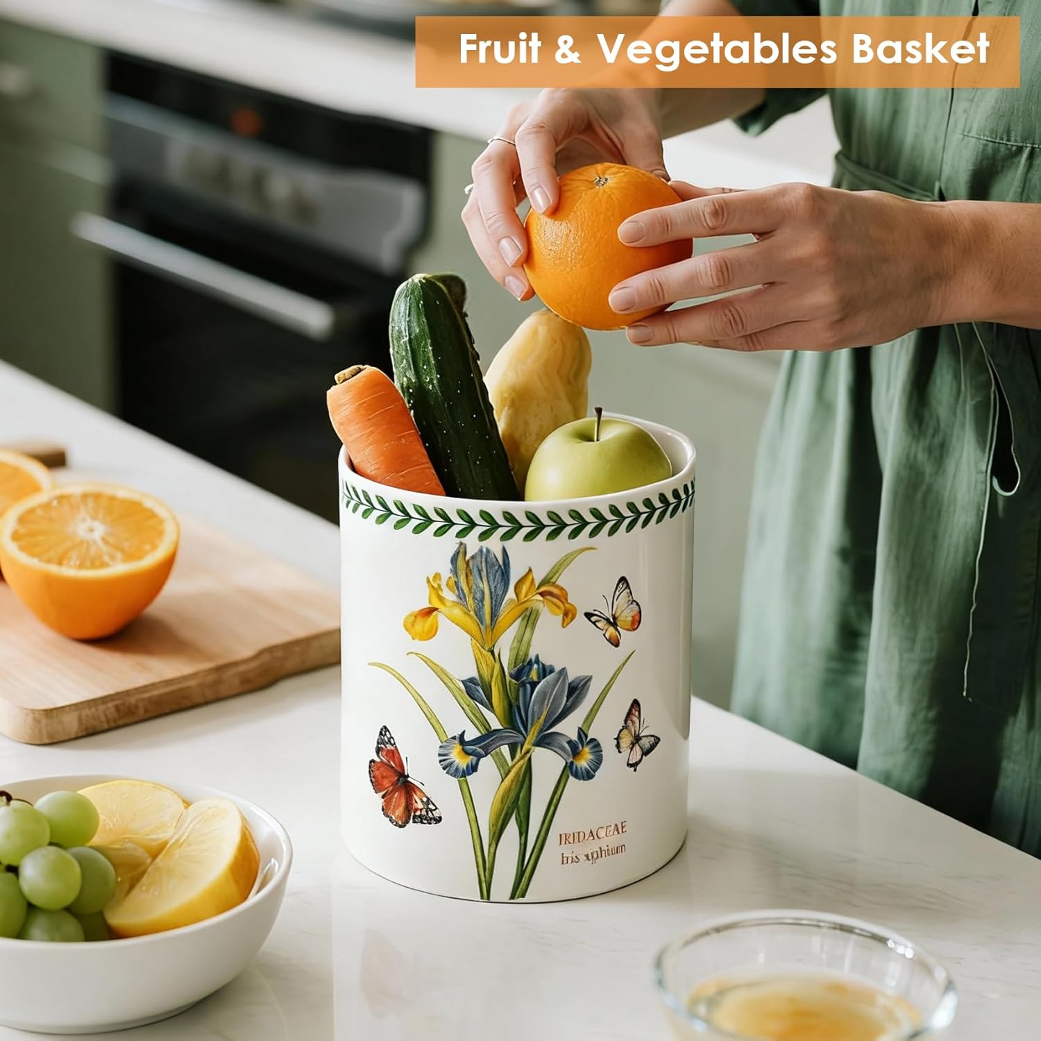 ACMLIFE Extra Large Cooking Utensil Holder, 7.3" Kitchen Utensil Holder for Countertop, Utensil Crock for Farmhouse Kitchen Decor, Ceramic Stable Utensil Caddy, Floral (Iris)